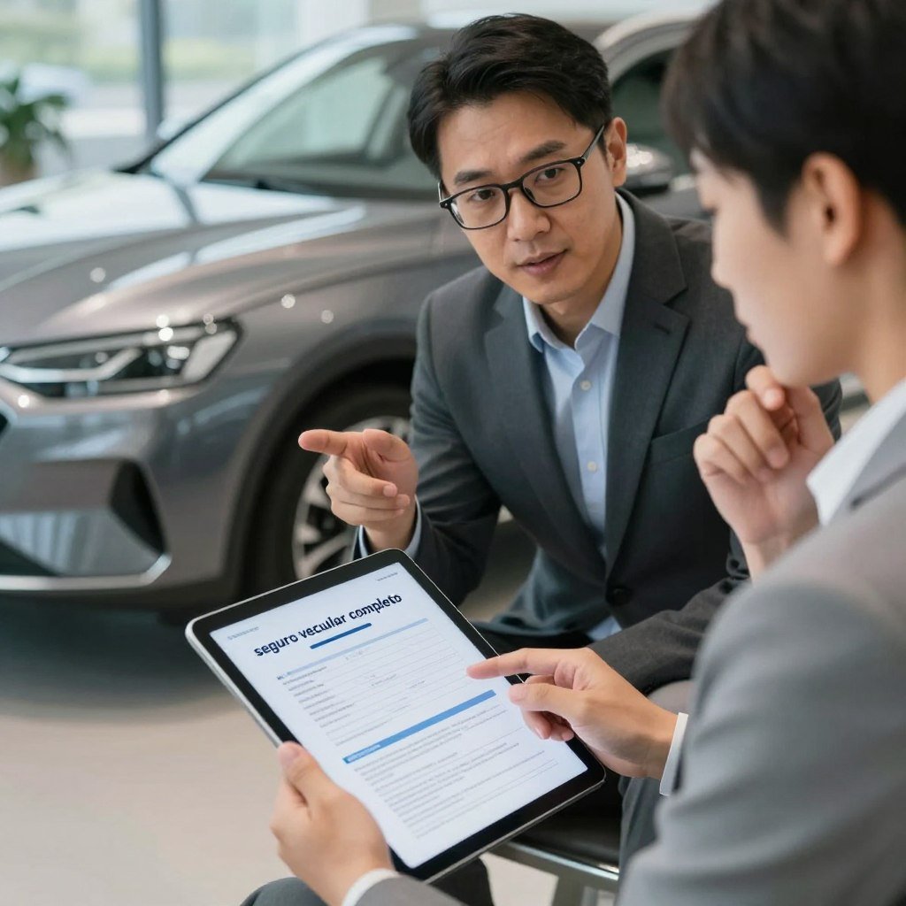 A comprehensive and visually engaging representation of "seguro veicular completo," depicting a modern car being analyzed in a professional setting. In the foreground, a person in business attire reviews digital insurance documents on a tablet, looking focused and thoughtful. The middle ground features an expert in a smart suit explaining the benefits of complete vehicle insurance to an attentive client. The background showcases a luxurious, sleek vehicle under soft ambient lighting, symbolizing safety and protection. Use a slightly elevated angle to capture the scene with clarity. The overall atmosphere is informative yet approachable, with a sense of confidence and trust in the air.