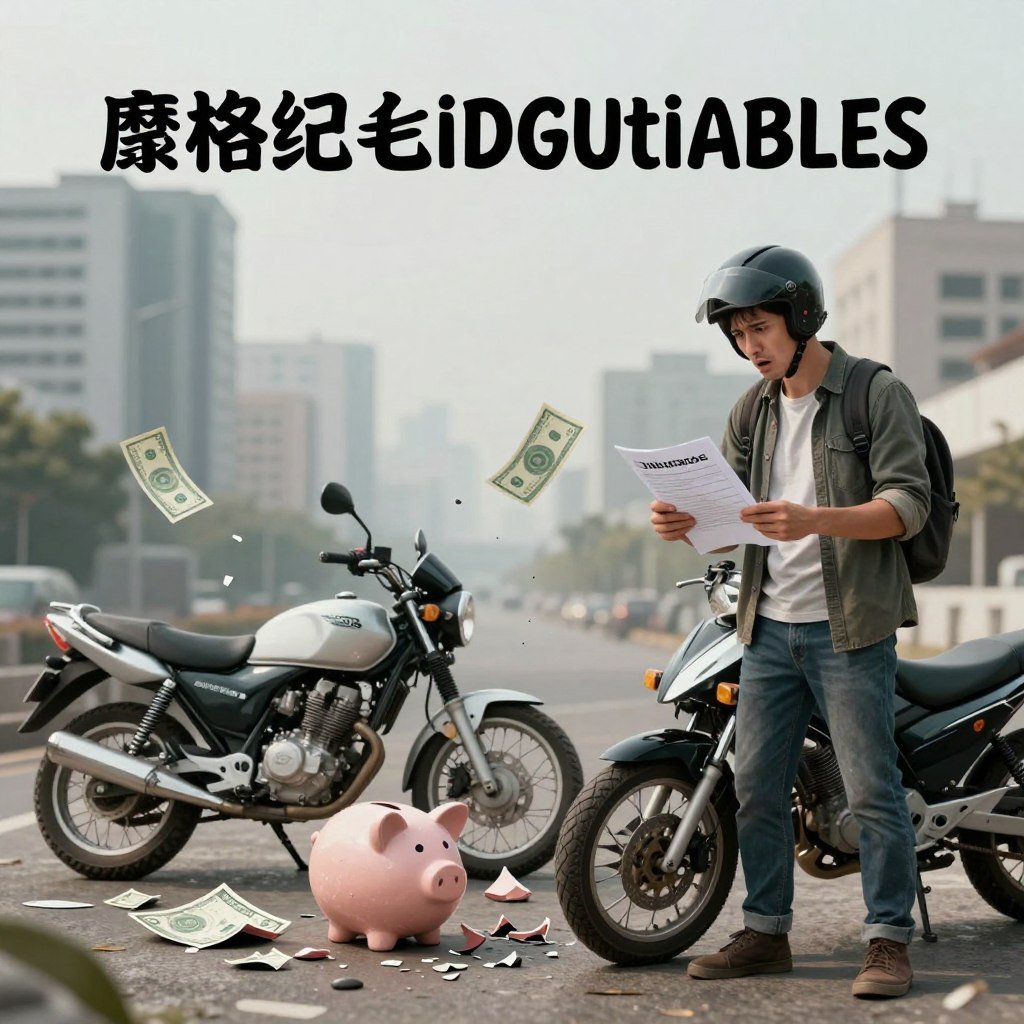 A conceptual illustration depicting the disadvantages of motorcycle insurance deductibles. In the foreground, a worried rider in modest casual clothing stands next to a damaged motorcycle, examining an insurance document with a concerned expression. In the middle, there are fragmented pieces of a motorcycle surrounded by symbols of financial strain, such as broken piggy banks and bills. The background features a slightly blurred cityscape, representing the complexities of urban insurance issues. The scene is illuminated by soft, diffused lighting, creating a somber mood. Use a wide-angle lens to capture the emotional depth of the rider's concern and the chaotic elements around them. The color palette should incorporate muted tones to emphasize the seriousness of the topic.