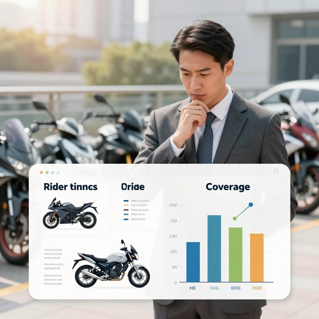 A conceptual illustration depicting the factors affecting motorcycle liability insurance pricing. In the foreground, a clear chart or infographic showcasing key elements such as rider experience, motorcycle type, location, and coverage levels, all represented with distinct icons. The middle ground features a well-dressed professional in business attire examining the chart with a thoughtful expression, emphasizing the analytical aspect. In the background, a blurred cityscape reveals various motorcycle models parked, suggesting the diversity in insurance considerations. Bright, natural lighting bathes the scene, creating an inviting and informative atmosphere. The overall composition should be balanced and clean, avoiding clutter, to ensure effective communication of the theme.