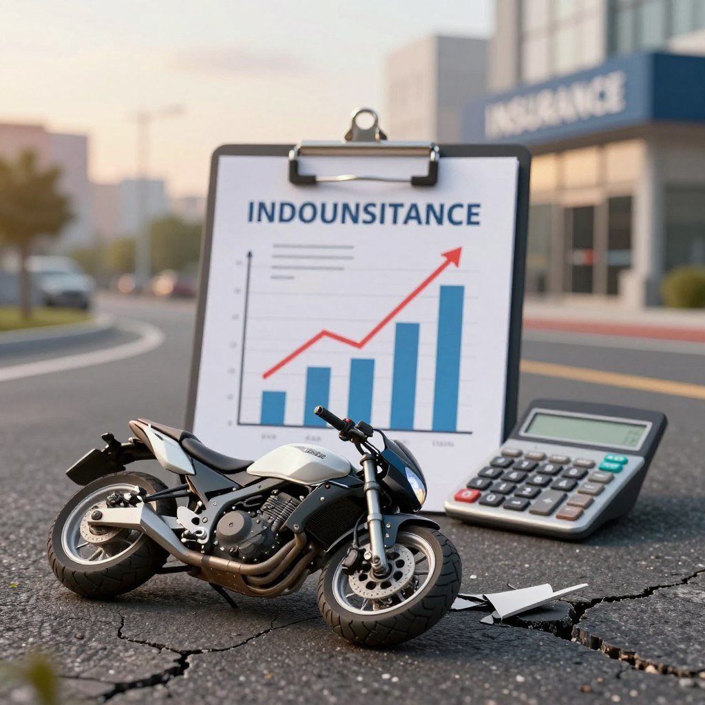A conceptual illustration depicting the impact of motorcycle accident history on insurance costs. In the foreground, a broken motorcycle with visible damage, representing past accidents, lies on a cracked road. In the middle ground, a clipboard showing rising financial graphs and a calculator, symbolizing increasing insurance costs. In the background, a blurred urban landscape with insurance office buildings, softly illuminated by natural light during sunset, creating an emotional tone of concern and introspection. The focus should be on the contrast between the damaged motorcycle and the financial elements, highlighting the gravity of how accidents influence insurance pricing. The atmosphere should evoke a feeling of urgency and awareness, emphasizing the significant financial implications of having an accident history.