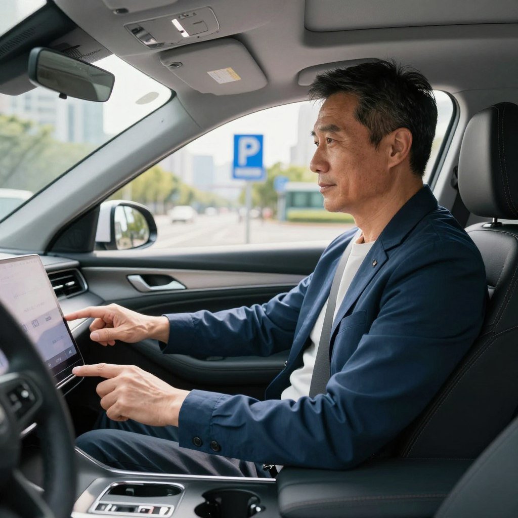A confident and safe driver, a middle-aged man wearing smart casual attire, is seated in a modern car, actively engaging with the vehicle’s dashboard controls. In the foreground, the driver’s focused expression reflects responsibility and attentiveness. The middle ground showcases the car's interior, stylish yet practical, with clear visibility of safety features. In the background, a blurred cityscape with road signs indicating safe driving practices symbolizes the importance of awareness on the road. The lighting is bright and natural, suggesting daytime, with soft shadows to create a welcoming atmosphere. The angle is slightly elevated, capturing both the driver and the environment, highlighting the significance of a responsible driving profile in relation to car insurance.