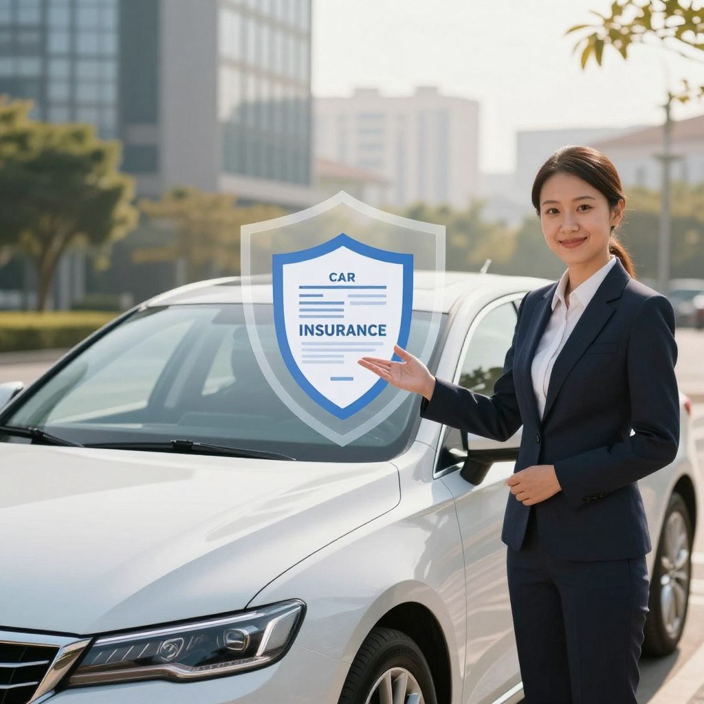 A confident insurance agent in professional attire presenting a car insurance policy, standing beside a sleek, modern sedan with a protective shield graphic overlay symbolizing comprehensive coverage. The foreground features the agent smiling and gesturing towards the car, while the middle ground includes the car prominently displayed. In the background, a serene urban landscape with soft-focus office buildings suggests reliability and professionalism. Natural sunlight filters through, creating a warm and inviting atmosphere, with gentle shadows enhancing depth. The angle is slightly low, emphasizing both the car and the agent's expertise. The overall mood conveys trust, safety, and the importance of complete vehicle protection.