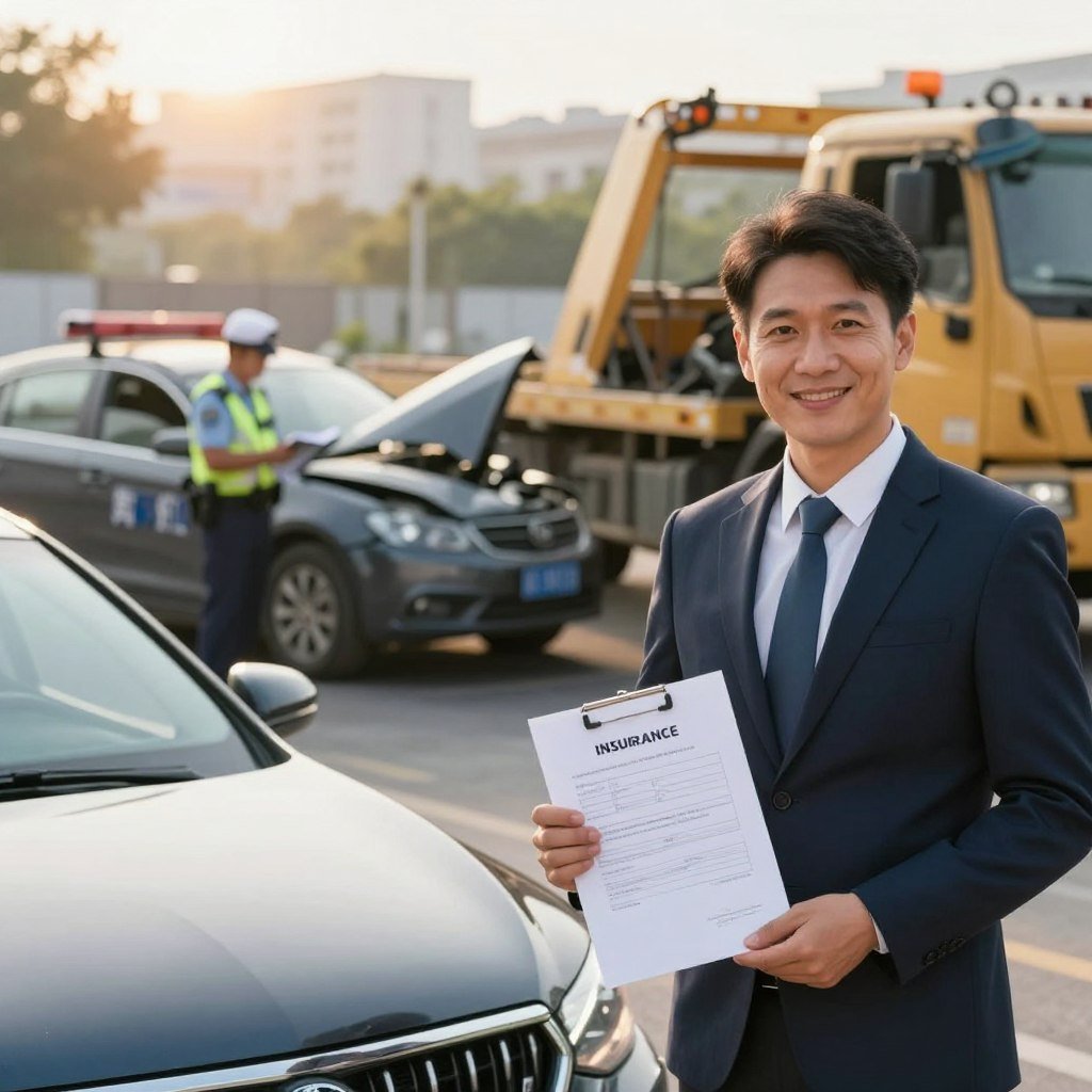 A detailed and informative scene depicting the concept of car insurance and accidents. In the foreground, a confident business professional in business attire stands next to a modern car, holding insurance documents with a reassuring smile. In the middle ground, an accident scene shows two vehicles gently crumpled but not damaged too severely, with police taking notes and a tow truck in the process of removing one car. The background features an urban setting with slightly blurred buildings. Soft natural lighting from the late afternoon sun casts warm tones, creating a feeling of safety and assurance. The atmosphere should convey a balance between seriousness and optimism, highlighting the importance of being prepared for unexpected incidents.