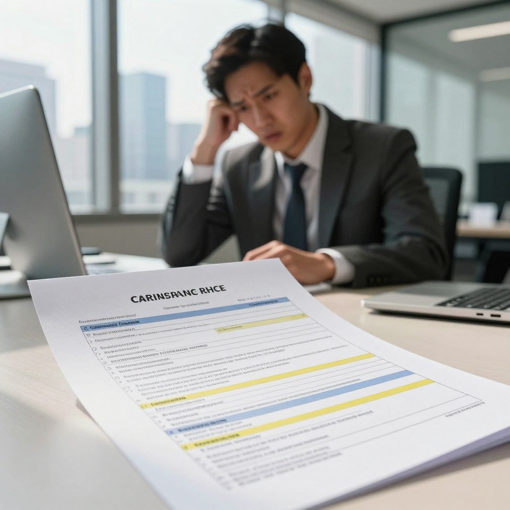 A detailed and realistic depiction of a car insurance policy document lying on a desk in a modern office setting. In the foreground, the document is partially unfolded, showing various coverage options highlighted, hinting at comprehensive coverage and potential downsides. In the middle ground, a concerned individual in business attire is examining the document, their expression reflecting confusion and concern. Behind them, a large window reveals a city skyline, creating a busy, urban atmosphere. The lighting is bright and natural, casting soft shadows and creating a professional yet slightly tense mood. The image should not include any text, ensuring a clear focus on the subject matter.