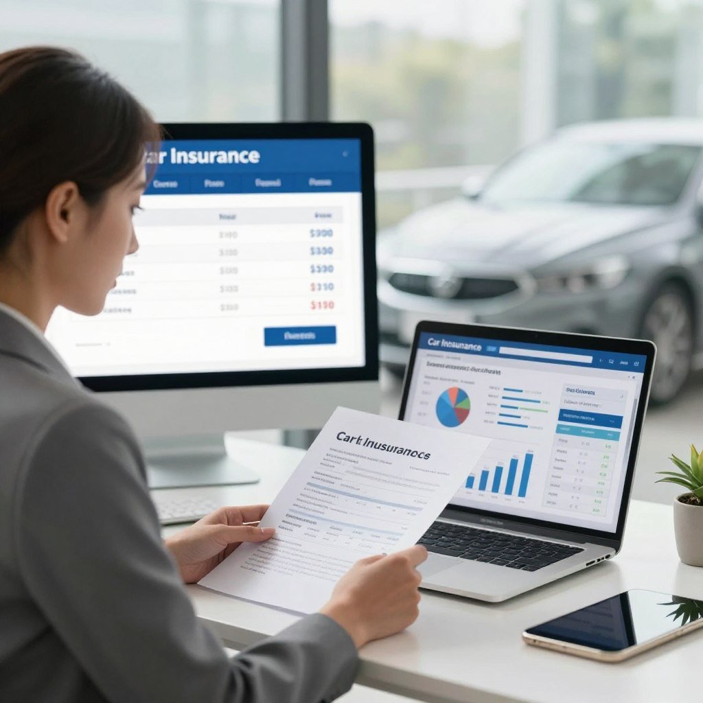 A detailed and visually engaging scene depicting a car insurance price quote process. In the foreground, a professional woman in business attire reviews documents while sitting at a modern desk, with a laptop displaying graphs and calculators beside her. The middle ground features a digital display showing fluctuating prices and factors affecting insurance rates like vehicle age, mileage, and safety features. The background captures a bright office environment with soft natural lighting streaming through a window, enhancing the focus on the subject. A sleek car can be seen through the window, symbolizing the insurance offering. The atmosphere is professional and informative, emphasizing the analytical nature of insurance pricing.
