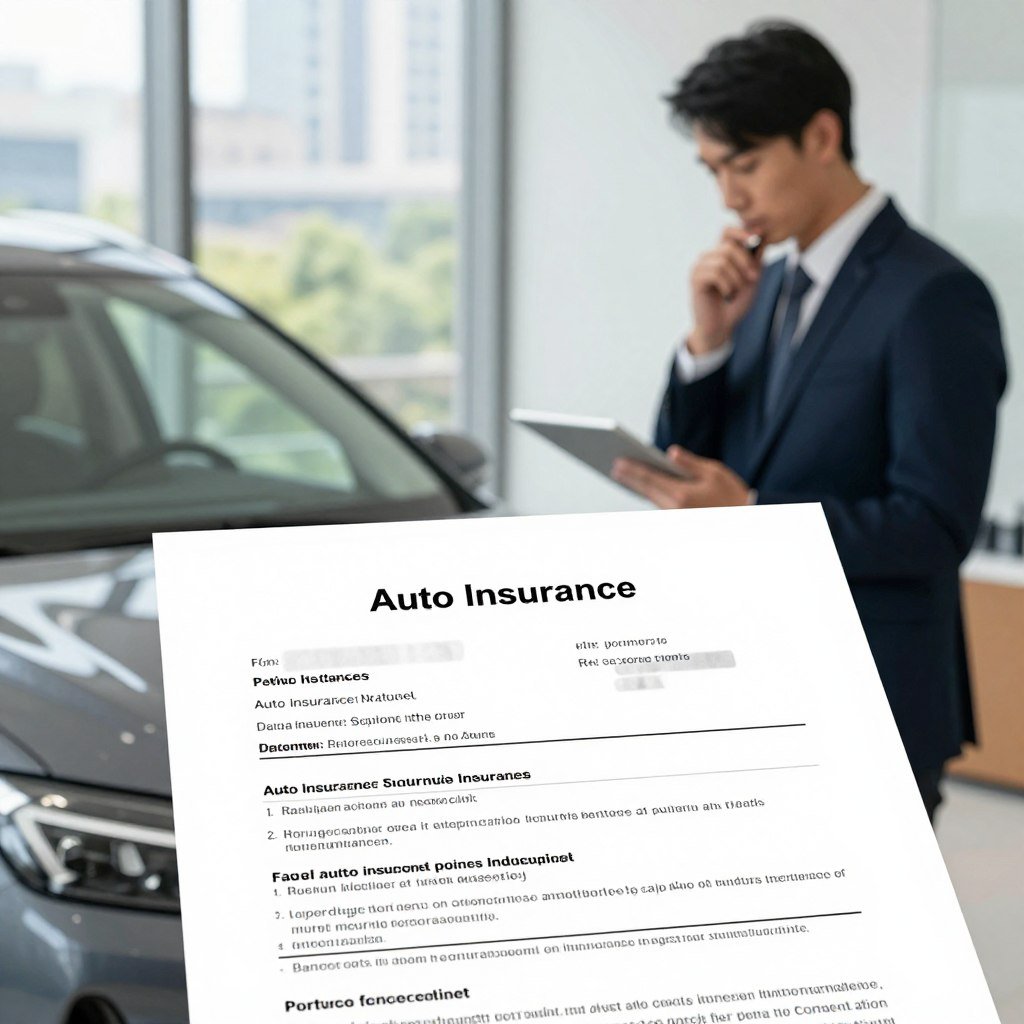 A detailed auto insurance policy document is prominently displayed in the foreground, with a sleek modern car beside it, symbolizing security and protection. In the middle ground, a professional individual in business attire is looking thoughtfully at the policy, holding a pen and a tablet, as if analyzing the document. The background features a serene office environment with soft, natural lighting filtering through large windows, giving a sense of trust and professionalism. A blurred cityscape is visible outside, enhancing the context of urban living and responsibility. The overall mood is informative and reassuring, emphasizing clarity in understanding how auto insurance policies function.
