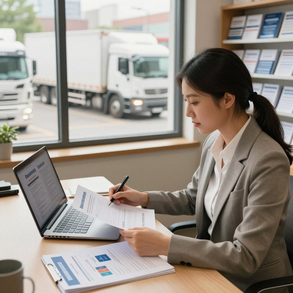 A detailed depiction of a commercial truck insurance consultation, featuring a professional business setting. In the foreground, a businesswoman in modest professional attire is seated at a desk, reviewing documents on a laptop with a focused expression. On the desk, there are brochures and charts related to truck insurance quotes. In the middle ground, a large window with natural light enhances the ambiance, showcasing a backdrop of urban trucks parked outside. The background features shelves filled with insurance pamphlets and documents, adding to the context. The lighting is soft and warm, creating a welcoming atmosphere. The angle is slightly overhead, capturing both the subject and the environment effectively, emphasizing the importance and professionalism of obtaining truck insurance quotes.