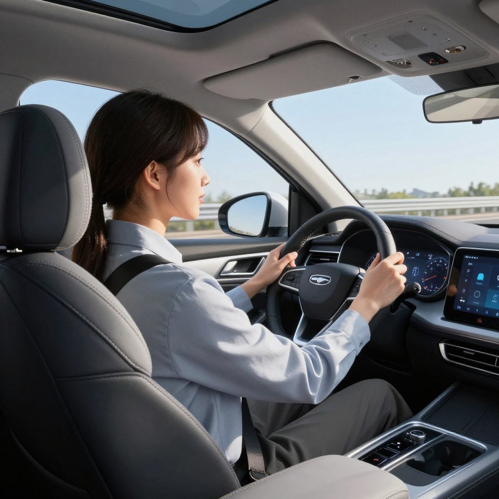 A detailed, dynamic scene showcasing vehicle safety features aimed at young drivers. In the foreground, a close-up of a modern car dashboard displaying a digital speedometer and safety alerts. The middle ground features a young driver, dressed in professional business attire, focused on the road, hands on the steering wheel. In the background, a serene highway setting under a clear blue sky, emphasizing a safe driving environment. Bright, natural lighting highlights the vehicle's sleek design while soft shadows create depth. The atmosphere is calm yet alert, reflecting the importance of vehicle safety factors for young motorists. Focus on elements like airbags, seat belts, and electronic stability control indicators subtly integrated into the scene.