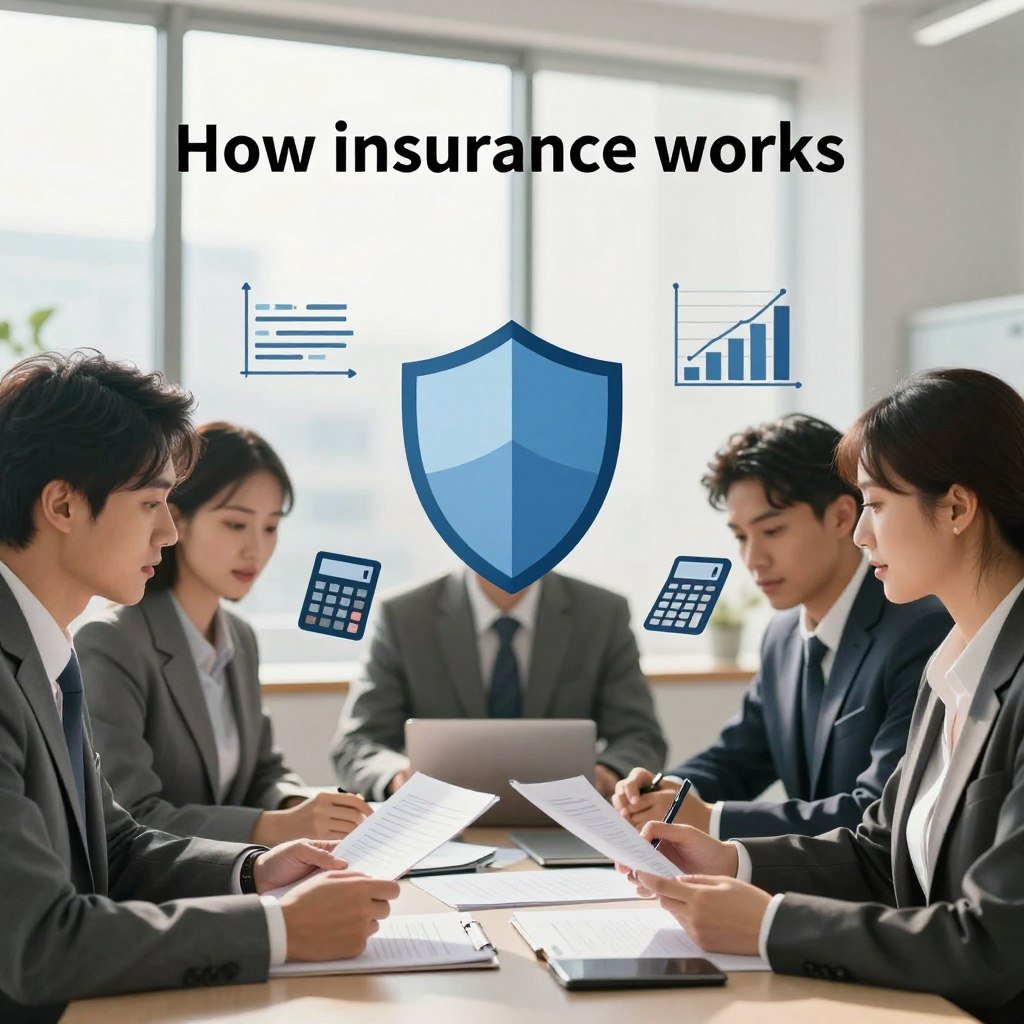 A detailed illustration depicting the concept of "how insurance works". In the foreground, a diverse group of professionals wearing business attire, including a man and a woman, are discussing insurance documents at a table, looking engaged and focused. The middle ground features visual representations of insurance concepts: a shield symbolizing protection, graphs depicting risk assessment, and a calculator. In the background, a softly blurred office setting with large windows letting in natural light, creating a bright and inviting atmosphere. The lighting is warm and professional, enhancing the serious yet approachable mood of the scene. The image should be clear and well-composed, capturing the essence of understanding insurance in a modern context.