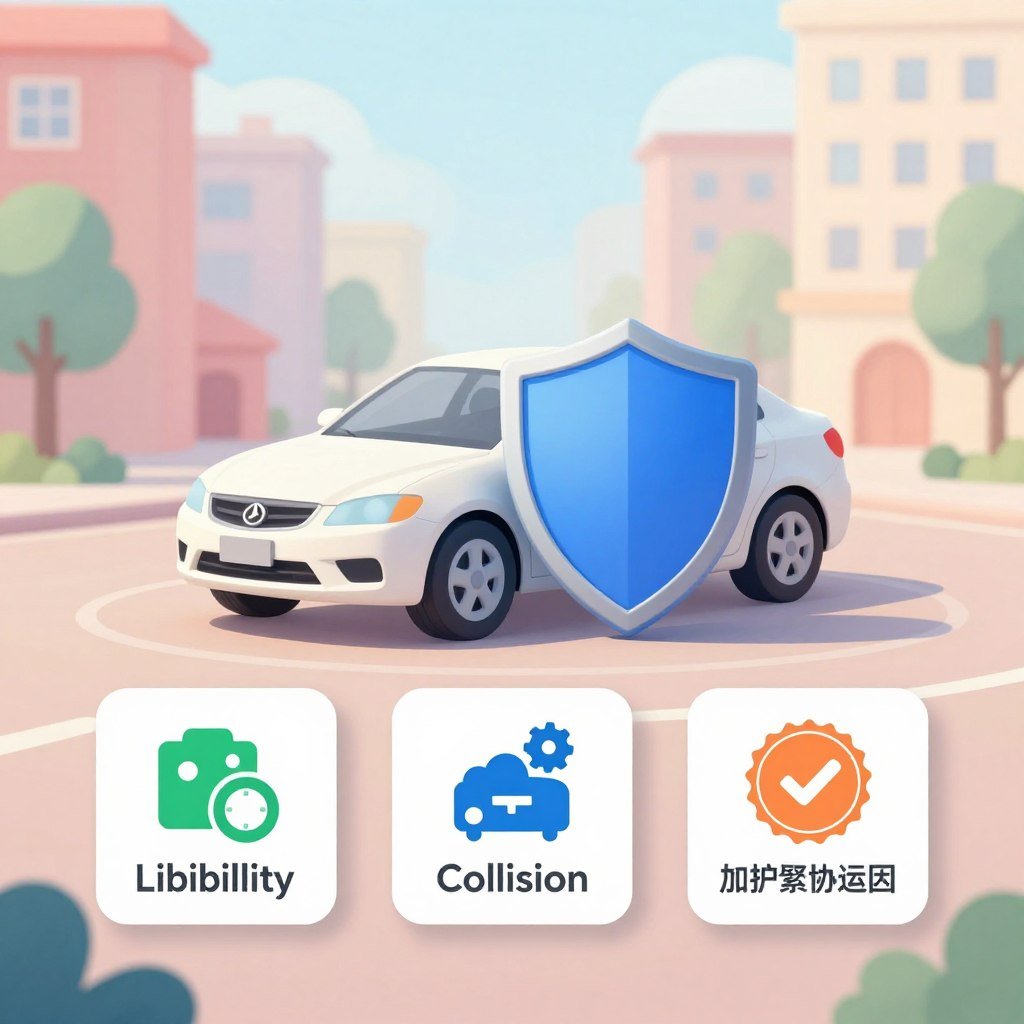 A detailed illustration depicting various types of auto insurance coverage. In the foreground, show clear icons representing different types of coverage such as liability, collision, and comprehensive insurance, each icon distinct and colorful. In the middle ground, include a modern car surrounded by a protective shield, symbolizing safety and security. The background should feature a serene urban environment with soft pastel colors, creating a calming atmosphere. Use soft, natural lighting to give the image a welcoming feel, and aim for a slightly elevated angle to provide depth. The scene should evoke a sense of trust and accessibility regarding auto insurance. No text, captions, or watermarks are included.