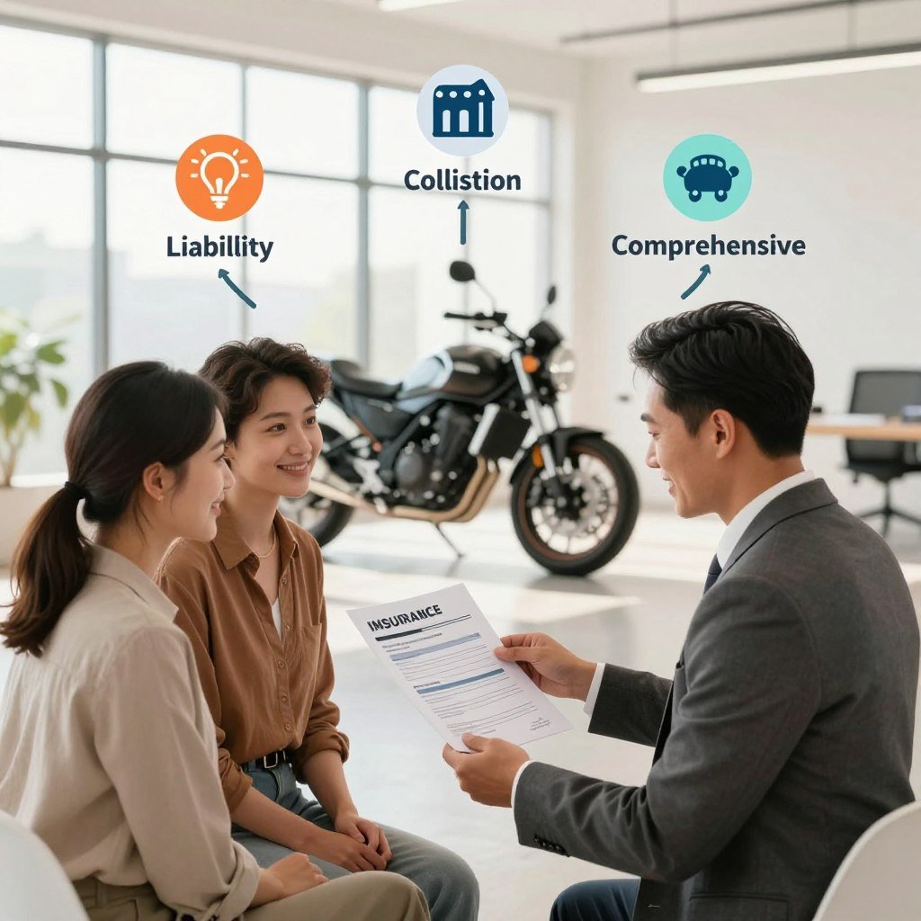A detailed illustration depicting various types of motorcycle insurance coverage. In the foreground, display a professional-looking insurance agent in business attire, consulting with a diverse couple, both dressed in modest casual clothing, examining a motorcycle policy document. The middle ground shows a sleek motorcycle, symbolizing different types of coverage, such as liability, collision, and comprehensive, depicted as visual icons floating around it. The background features a bright, modern office space with large windows allowing natural light to flood in, creating a cheerful and optimistic atmosphere. Use a warm color palette and soft focus to enhance the professional yet approachable mood of the image, with a slight depth of field effect to draw attention to the subjects in the foreground.
