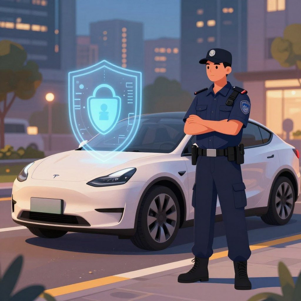 A detailed illustration depicting vehicle protection against theft, showcasing a sleek, modern car parked securely in a well-lit, urban setting. In the foreground, a vigilant security guard in professional attire stands with crossed arms, surveying the area, suggesting safety and vigilance. The middle ground features the car surrounded by a subtle digital shield graphic, symbolizing advanced security measures. In the background, a cityscape at twilight with soft ambient lights enhances the atmosphere, conveying a sense of security amidst urban challenges. The image should have warm lighting to evoke reassurance, with a slight focus on the guard and the vehicle, capturing the essence of protection against theft.