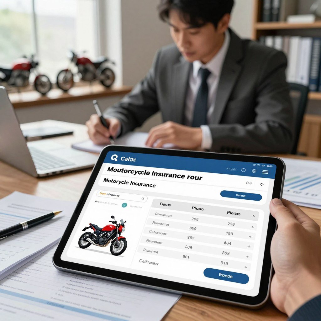 A detailed illustration of a motorcycle insurance calculator interface displayed on a tablet in the foreground, surrounded by documents and a pen, emphasizing the importance of comparing different insurance options. In the middle ground, a professional in business attire analyzes the data, showcasing a focused expression, while jotting down notes. The background features a cozy office setting with soft, natural lighting filtering through a window, illuminating an organized workspace with motorcycle-themed decor and a bookshelf filled with insurance guides. The overall mood is professional yet approachable, conveying the importance of understanding factors influencing motorcycle insurance prices. The image should be crisp and well-composed, emphasizing the subject's engagement with the insurance comparison process.