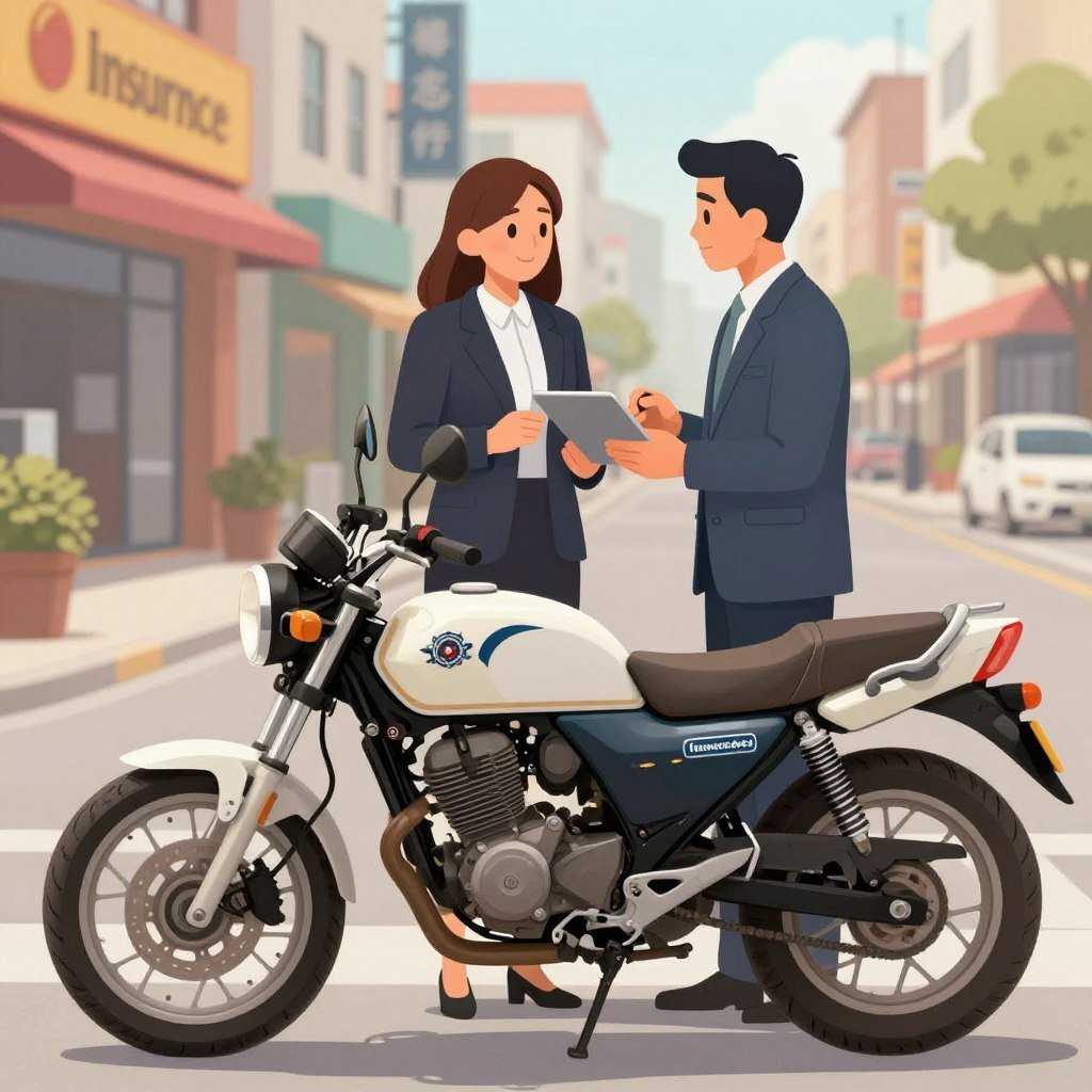 A detailed illustration of a used motorcycle amidst a picturesque urban setting, emphasizing the concept of motorcycle insurance. In the foreground, a well-maintained used motorcycle stands proudly, showcasing its sleek design and visible wear that tells a story of past adventures. The middle ground features a friendly insurance agent in professional attire, engaging with a client, discussing insurance options with a digital tablet in hand. The background displays a cityscape with vibrant storefronts, indicative of a bustling insurance office environment. Soft, diffused natural lighting enhances the scene, creating a warm and inviting atmosphere. The angle captures both the motorcycle and the interaction, emphasizing trust and professionalism in the insurance process.