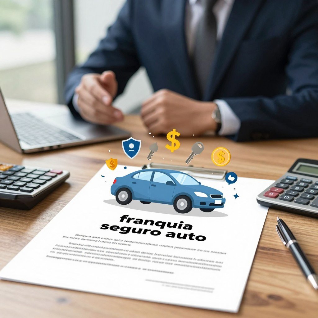 A detailed illustration representing "franquia seguro auto" within a comprehensive car insurance context. In the foreground, a meticulously designed car insurance document rests on a wooden desk, surrounded by calculating tools like a calculator and a pen, symbolizing financial assessment. In the middle, a visually striking car with various icons like shields, keys, and dollar signs above it, representing different coverages and the concept of franchise. In the background, a confident, professionally attired individual discusses insurance options with a customer, showcasing trust and guidance. Soft, natural lighting filters through a window, creating a warm and inviting atmosphere. The overall mood exudes assurance and clarity, enhancing the theme of understanding car insurance franchises. A detailed illustration representing "franquia seguro auto" within a comprehensive car insurance context. In the foreground, a meticulously designed car insurance document rests on a wooden desk, surrounded by calculating tools like a calculator and a pen, symbolizing financial assessment. In the middle, a visually striking car with various icons like shields, keys, and dollar signs above it, representing different coverages and the concept of franchise. In the background, a confident, professionally attired individual discusses insurance options with a customer, showcasing trust and guidance. Soft, natural lighting filters through a window, creating a warm and inviting atmosphere. The overall mood exudes assurance and clarity, enhancing the theme of understanding car insurance franchises.