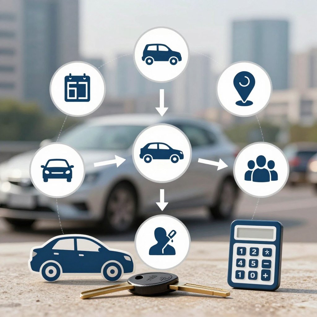 A detailed infographic depicting various factors influencing car insurance pricing. In the foreground, include illustrations of a car, keys, and a calculator symbolizing insurance calculations. In the middle, visualize icons representing important factors such as driving history, vehicle model, location, and age groups. Use arrows or lines connecting these icons to emphasize their relationships to insurance costs. The background features a blurred cityscape to hint at urban driving conditions. Soft, natural lighting enhances the clarity of the icons, while a clean, professional layout conveys a serious yet approachable atmosphere. The focus should be on a visually engaging and informative design, without any textual elements.