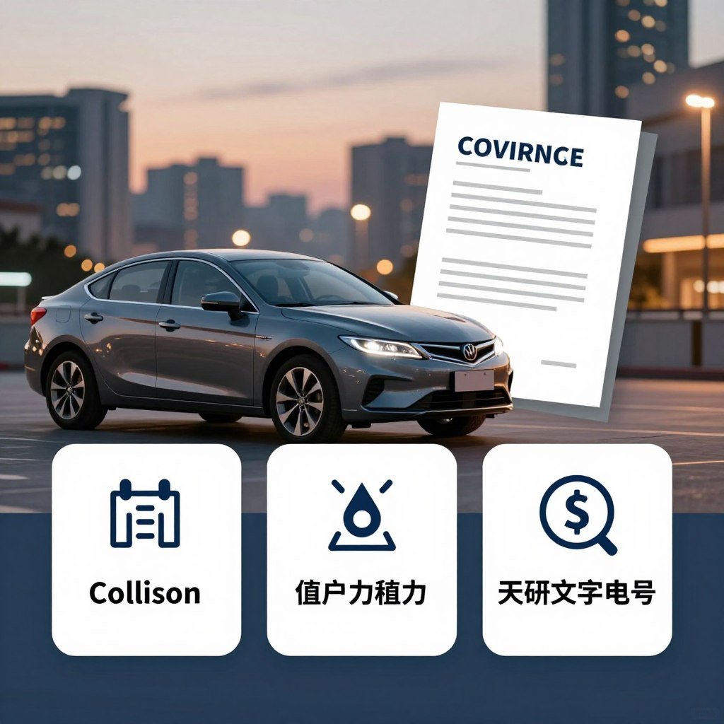 A detailed infographic showcasing various types of car insurance coverage options. In the foreground, display distinct symbols representing each insurance type—collision, comprehensive, liability, and uninsured motorist—with clean and professional designs. In the middle, include a sleek, modern car parked beside documents or graphics that highlight coverage benefits. In the background, a blurred cityscape at dusk, illuminated by soft streetlights, suggests a safe driving environment. Use warm, inviting lighting to create an optimistic and informative mood. The composition should balance clarity and professionalism, allowing viewers to easily understand the different coverage options without text or distractions.