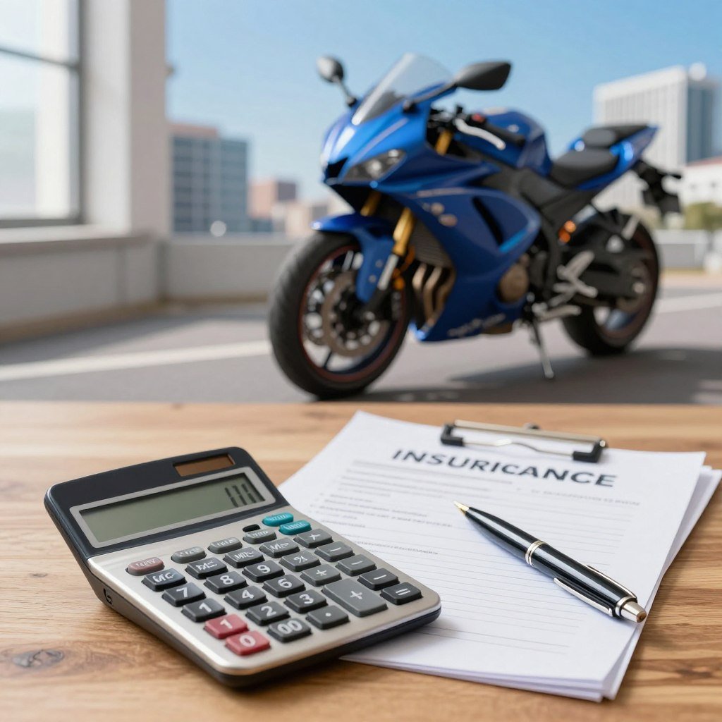 A detailed, professional scene depicting the concept of motorcycle insurance deductible calculation. In the foreground, a calculator on a wooden desk with a calculator display showing numerical values. Beside it, a neatly stacked set of insurance documents and a pen. In the middle ground, a dynamic image of a motorcycle with a premium blue paint job, positioned slightly off-center to invite focus. In the background, an abstract, blurred representation of a cityscape under a clear blue sky. Soft, natural lighting coming from a window to the left, creating a warm and thoughtful atmosphere. Capture the essence of finance and protection, highlighting the importance of understanding insurance deductibles. No humans present.