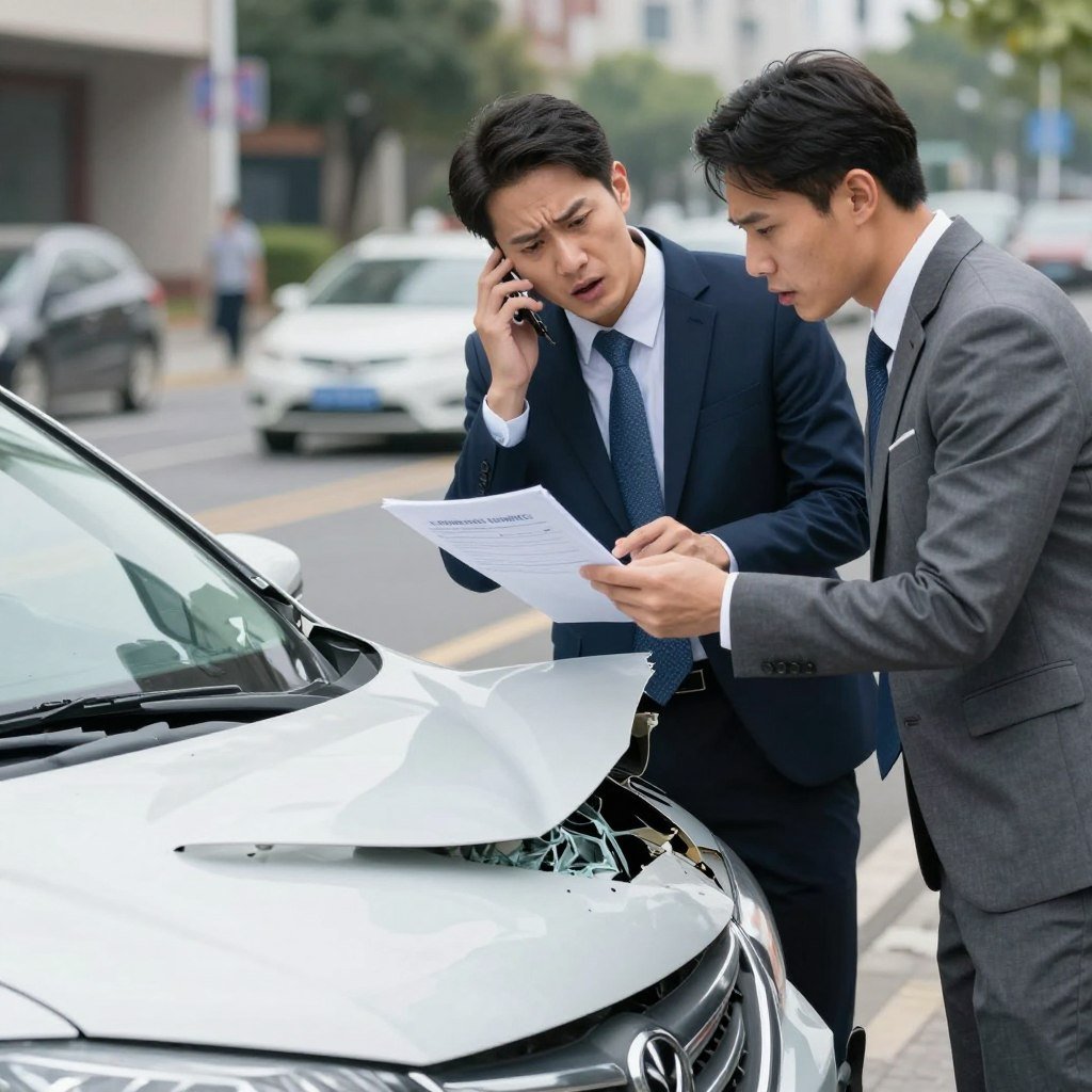 A detailed scene depicting a car accident scenario illustrating comprehensive auto insurance coverage. In the foreground, a close-up of a damaged vehicle with visible dents and broken glass, emphasizing the impact of a collision. The middle ground shows a professional, well-dressed insurance agent discussing the claim process with an anxious car owner, both appearing concerned yet focused. The background includes a blurred city street, suggesting the accident occurred in an urban area, with soft lighting conveying a sense of urgency and seriousness. The atmosphere is tense yet hopeful, reflecting the importance of understanding insurance claims. Use natural daylight to enhance realism, and a slightly lower angle to emphasize the car's damage dramatically. A detailed scene depicting a car accident scenario illustrating comprehensive auto insurance coverage. In the foreground, a close-up of a damaged vehicle with visible dents and broken glass, emphasizing the impact of a collision. The middle ground shows a professional, well-dressed insurance agent discussing the claim process with an anxious car owner, both appearing concerned yet focused. The background includes a blurred city street, suggesting the accident occurred in an urban area, with soft lighting conveying a sense of urgency and seriousness. The atmosphere is tense yet hopeful, reflecting the importance of understanding insurance claims. Use natural daylight to enhance realism, and a slightly lower angle to emphasize the car's damage dramatically.