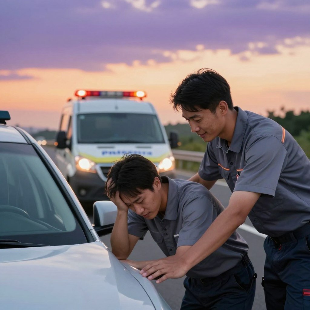 A detailed scene depicting a roadside assistance scenario for automobile insurance, showcasing a professional service environment. In the foreground, a friendly technician in a business uniform assists a distressed driver beside a modern car on the side of a highway. In the middle ground, a bright service vehicle is parked with emergency lights flashing, indicating active support. The background features a sunset sky casting warm orange and purple hues, symbolizing safety and calm after distress. The focus is sharp on the technician and driver, with a slight blur on the surroundings, creating an intimate, reassuring atmosphere. Natural lighting highlights the characters' expressions of relief and professionalism.