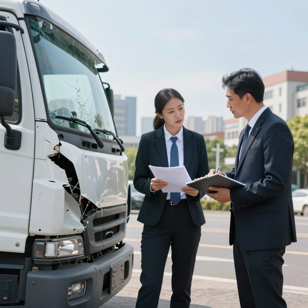 A detailed scene depicting a truck damaged in an accident, emphasizing the aspect of property damage coverage. In the foreground, the truck shows visible dents and scratches, with shattered glass reflecting light. In the middle ground, insurance professionals in professional business attire are engaging in a discussion, reviewing documents with a computer and a notepad. The background features a blurred cityscape with buildings and a clear blue sky, symbolizing the urban environment where truck operations happen. Soft, natural lighting illuminates the scene, creating an atmosphere of seriousness and professionalism. Capture the mood of assessment and analysis, highlighting the factors that influence insurance pricing.