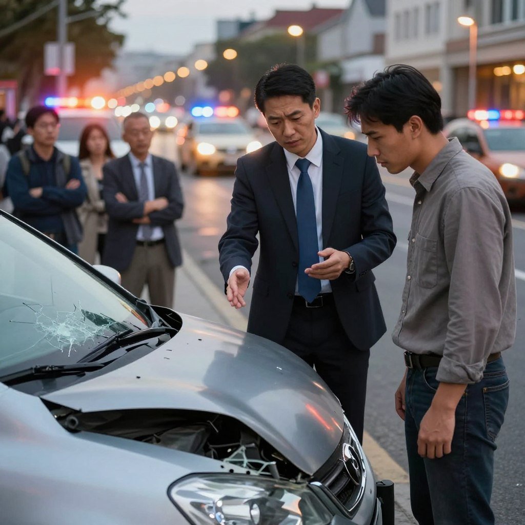 A detailed scene depicting a vehicle accident aftermath for an article on vehicle insurance, focused on a damaged car in the foreground with visible dents and shattered glass. In the middle, an insurance agent, dressed in professional attire, is discussing the situation with the vehicle owner, who looks concerned but calm. The background features a city street with emergency lights flashing, showcasing bystanders observing but maintaining a respectful distance. The lighting is soft, mimicking early evening, with the orange hue of street lamps enhancing the serious yet hopeful atmosphere. The angle captures the action from slightly above eye level, drawing attention to the interaction between the agent and the vehicle owner, emphasizing support and guidance in a difficult moment.