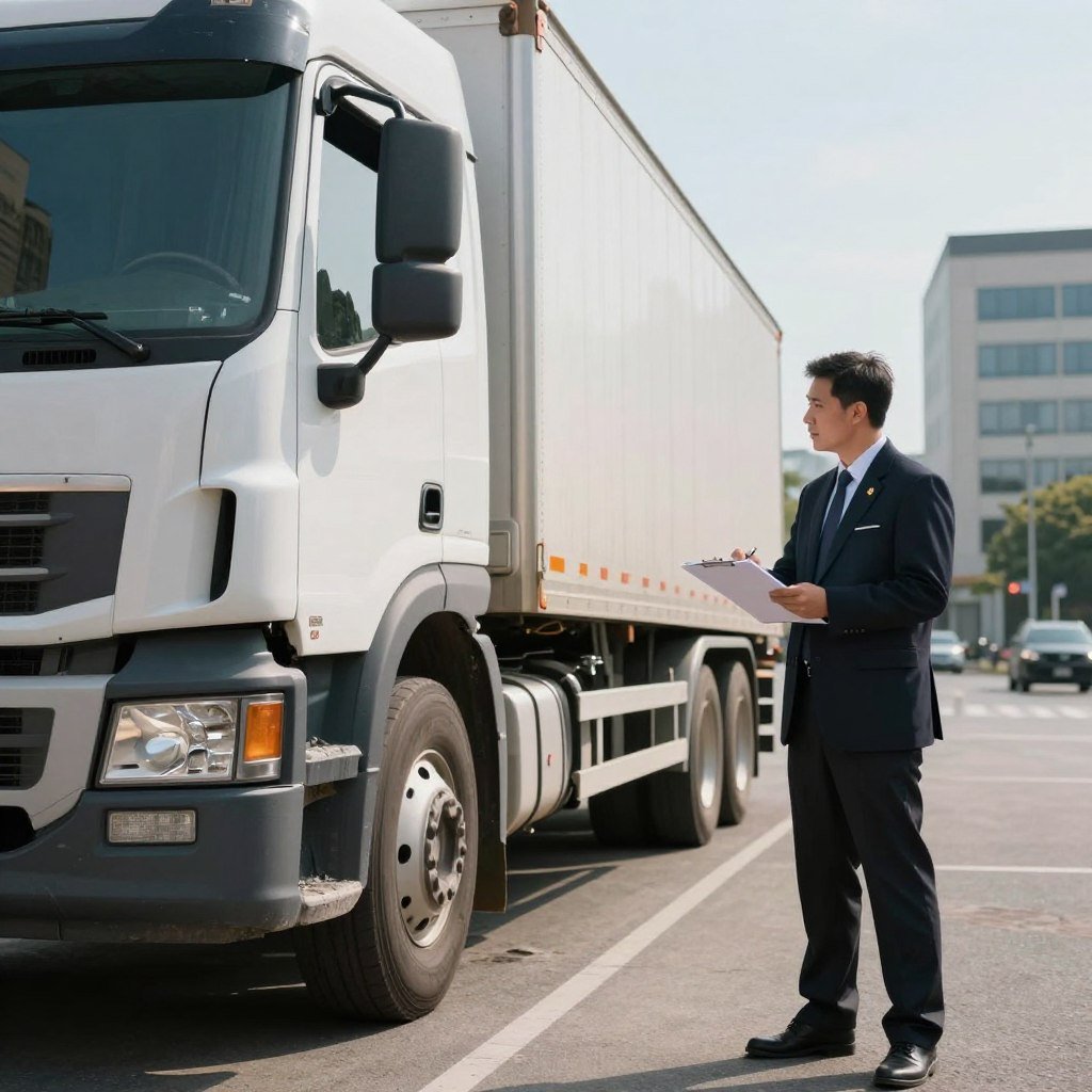 A detailed scene depicting the aftermath of a truck insurance claim process, focusing on a large commercial truck parked in the foreground, slightly damaged but intact. The middle ground features a professional insurance adjuster in business attire examining the truck, taking notes on a clipboard. In the background, a busy urban environment with office buildings and a clear blue sky, conveying a sense of urgency and professionalism. Soft, natural lighting highlights the truck's contours and the adjuster’s focused expression, while a shallow depth of field subtly blurs the background, directing attention to the subject. The mood is serious yet organized, reflecting the importance of the insurance claim process in the trucking industry.
