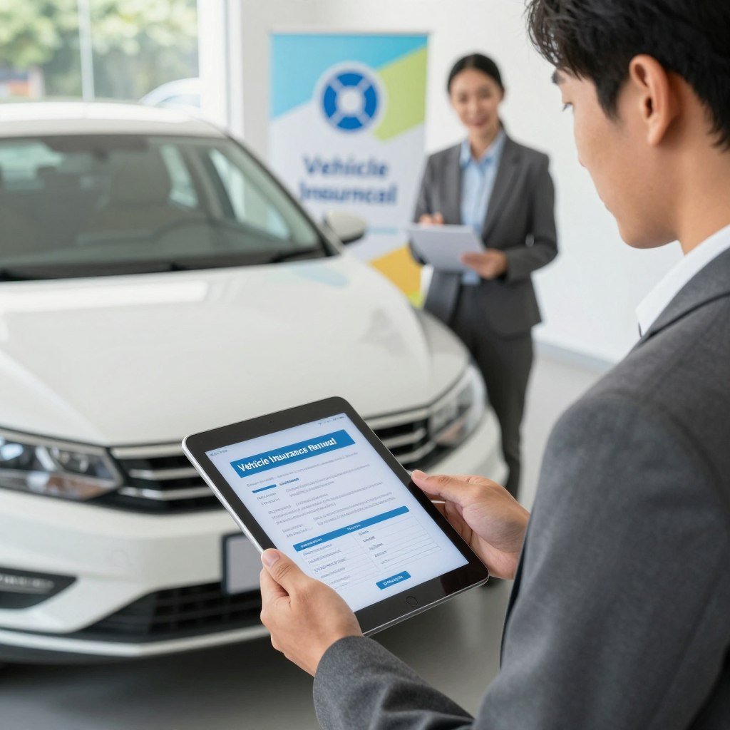 A detailed scene illustrating the importance of vehicle insurance renewal. In the foreground, a well-dressed business professional is examining a tablet, focusing on policy details. The middle ground features a modern car parked in a neatly arranged driveway, symbolizing protection and value. In the background, a friendly insurance agent is discussing options with a customer by a colorful banner that subtly showcases the concept of renewal without text. Soft, natural lighting highlights the scene, imparting a sense of trust and reassurance. The angle is slightly elevated, giving a wide view that emphasizes both the car and the professionals, creating a mood of security and responsibility in vehicle ownership.