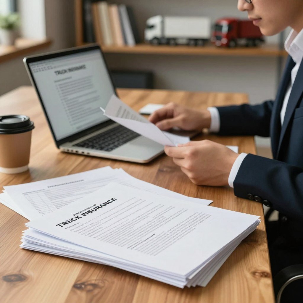 A detailed scene illustrating the necessary documentation for truck insurance. In the foreground, a stack of organized paperwork, including contracts, identification documents, and insurance forms, all neatly arranged on a wooden desk. A professional in business attire, focused on reviewing the documents, sits beside the stack, embodying diligence. In the middle ground, a laptop displays relevant information about truck insurance, with a coffee cup beside it, suggesting a work-in-progress atmosphere. The background features a softly lit office environment with shelves holding books and models of trucks, creating a sense of professionalism. The lighting should be warm and inviting, with a slight lens blur on the background to draw attention to the documents in the foreground, highlighting their importance in the insurance process.