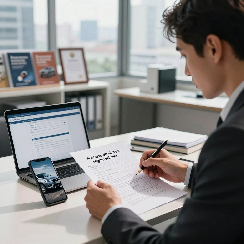 A detailed scene illustrating the "processo de sinistro seguro veicular." In the foreground, a professional man in a business suit is seated at a desk, reviewing an insurance claim form, looking focused and determined. Beside him, a glossy smartphone displays an image of a damaged car, while a laptop shows a digital insurance system interface. In the middle ground, a corporate office setting features shelves with insurance brochures and framed certificates. The background captures a cityscape through large windows, with daylight pouring in, creating a warm, reassuring atmosphere. Soft shadows enhance the details on the desk, while the overall mood is one of professionalism, trust, and clarity, emphasizing the seriousness and process of vehicle insurance claims.