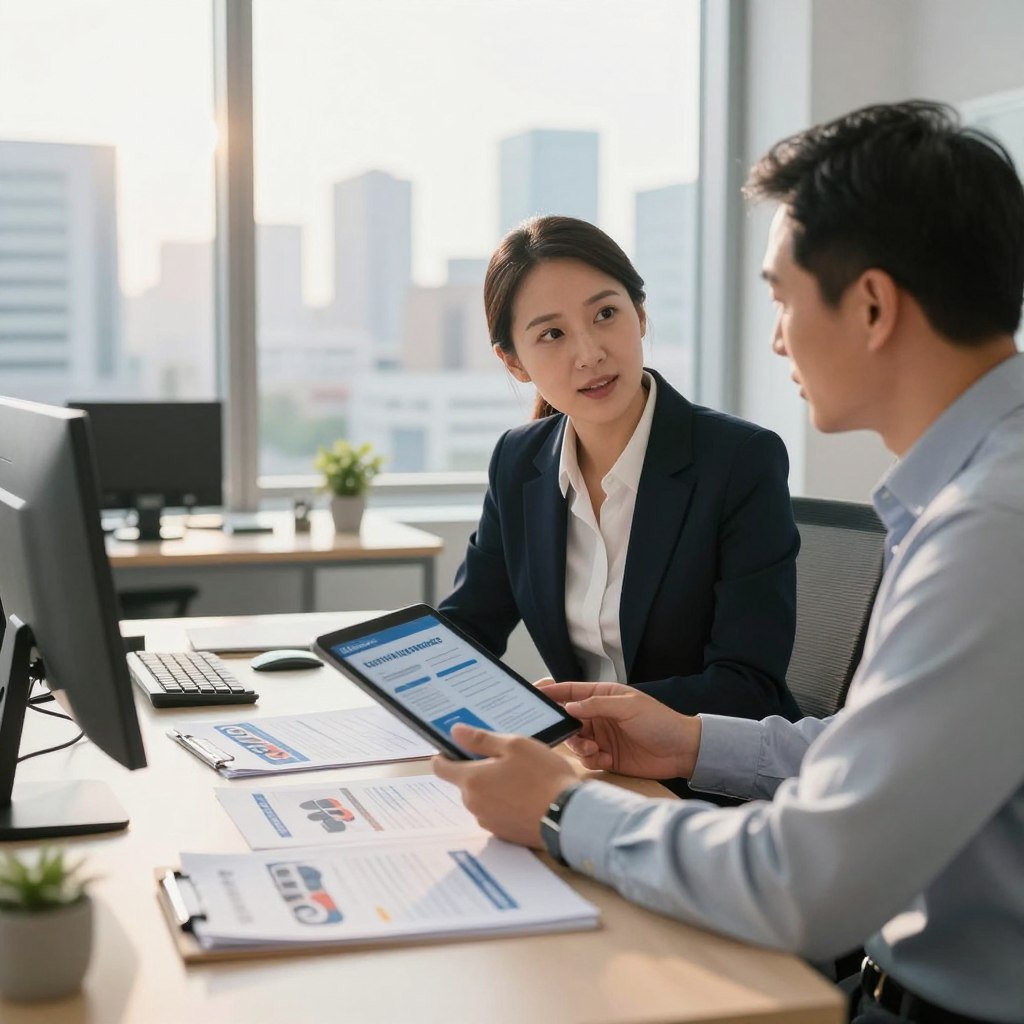 A detailed scene of a modern office environment focused on car insurance. In the foreground, a professional-looking insurance agent, dressed in smart business attire, is discussing with a client, a middle-aged man in casual, yet neat clothing, holding a tablet displaying insurance options. The middle ground features a sleek desk cluttered with documents, car brochures, and a small potted plant. In the background, a large window reveals a city skyline, bathed in warm afternoon sunlight, creating a bright and welcoming atmosphere. The overall mood is informative and professional, emphasizing trust and clarity in choosing the best car insurance. The composition is taken with a slight tilt-angle to create a dynamic perspective, enhancing the focus on the interaction between the agent and the client.