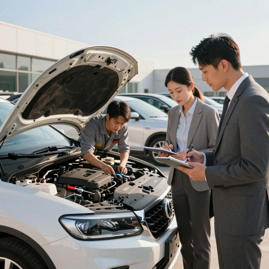 A detailed scene of a vehicle evaluation process. In the foreground, a professional male and female appraiser in business attire examine a used car, taking notes and using a tablet. The vehicle is a mid-sized sedan, parked under natural sunlight. In the middle ground, an open hood reveals an experienced mechanic inspecting the engine. Tools and diagnostic equipment are neatly arranged nearby. The background features a well-organized car dealership with various other vehicles on display and a clear blue sky. Soft, warm lighting casts a welcoming atmosphere, emphasizing professionalism and trustworthiness. The angle captures the appraisal action dynamically, showcasing the collaborative nature of evaluating the car's condition.