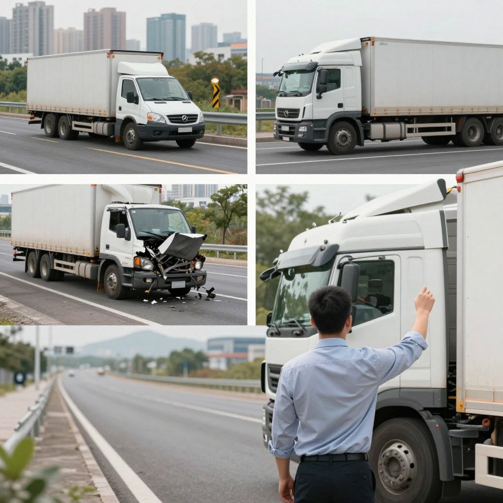 A detailed visual representation of various trucking insurance coverage scenarios. In the foreground, show a professional-looking truck driver in business attire inspecting a large, modern truck, symbolizing responsibility and vigilance. In the middle ground, depict scenes illustrating covered situations like a minor accident with another vehicle and a breakdown on the roadside, with both scenarios showcasing a sense of concern but focused professionalism. The background should have a blurred cityscape to represent urban driving conditions. Use soft, natural lighting to create a calm and reassuring atmosphere. Capture the image from a slightly elevated angle, emphasizing the scale of both the truck and the surrounding environment, while prioritizing clarity and detail in the key subjects.