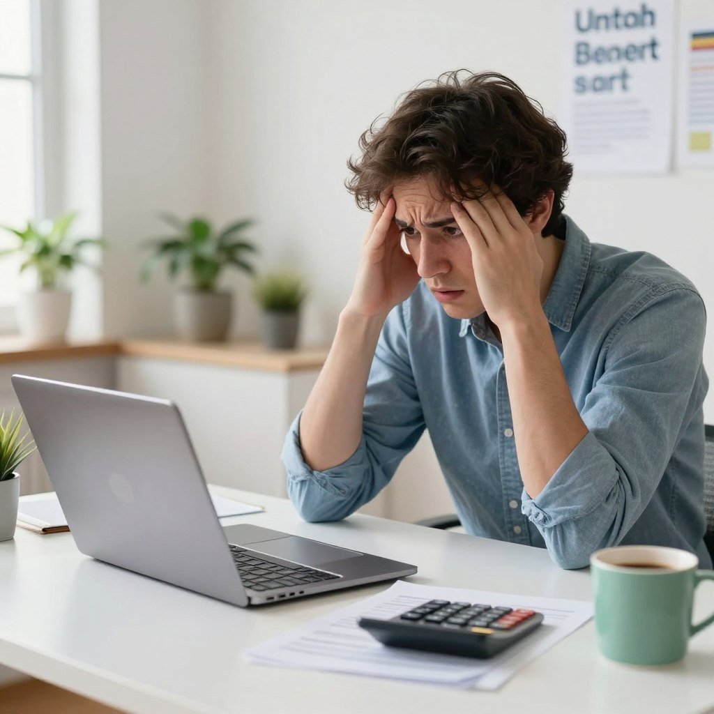A digital artwork depicting a concerned individual sitting at a modern desk, reviewing an online insurance policy on a laptop. In the foreground, focus on the screen displaying faint, blurred text that hints at hidden clauses, such as "exclusions" and "deductibles." The middle ground features paperwork scattered around the desk, conveying a sense of confusion, with a calculator and a green coffee mug indicating thorough research. The background should softly showcase a well-lit office environment, adorned with potted plants and motivational posters about financial safety. Use bright, natural lighting to create an atmosphere of concern and contemplation, with a slight depth of field effect, allowing the main subject to be sharply in focus while the background remains gently blurred.