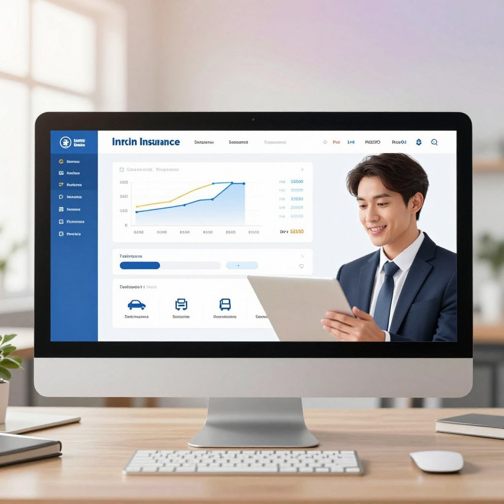 A digital illustration depicting a modern insurance comparison platform interface on a sleek computer screen, with a subtle gradient background representing a well-lit office environment. In the foreground, a professional-looking person in business attire is engaging with the platform, their expression focused and positive. The middle layer includes various graphs and charts displaying comparative insurance quotes, alongside icons representing different car insurance providers. The lighting should be bright and inviting, simulating natural daylight through a window. The overall mood is optimistic and informative, conveying the advantages of using comparison platforms for auto insurance.