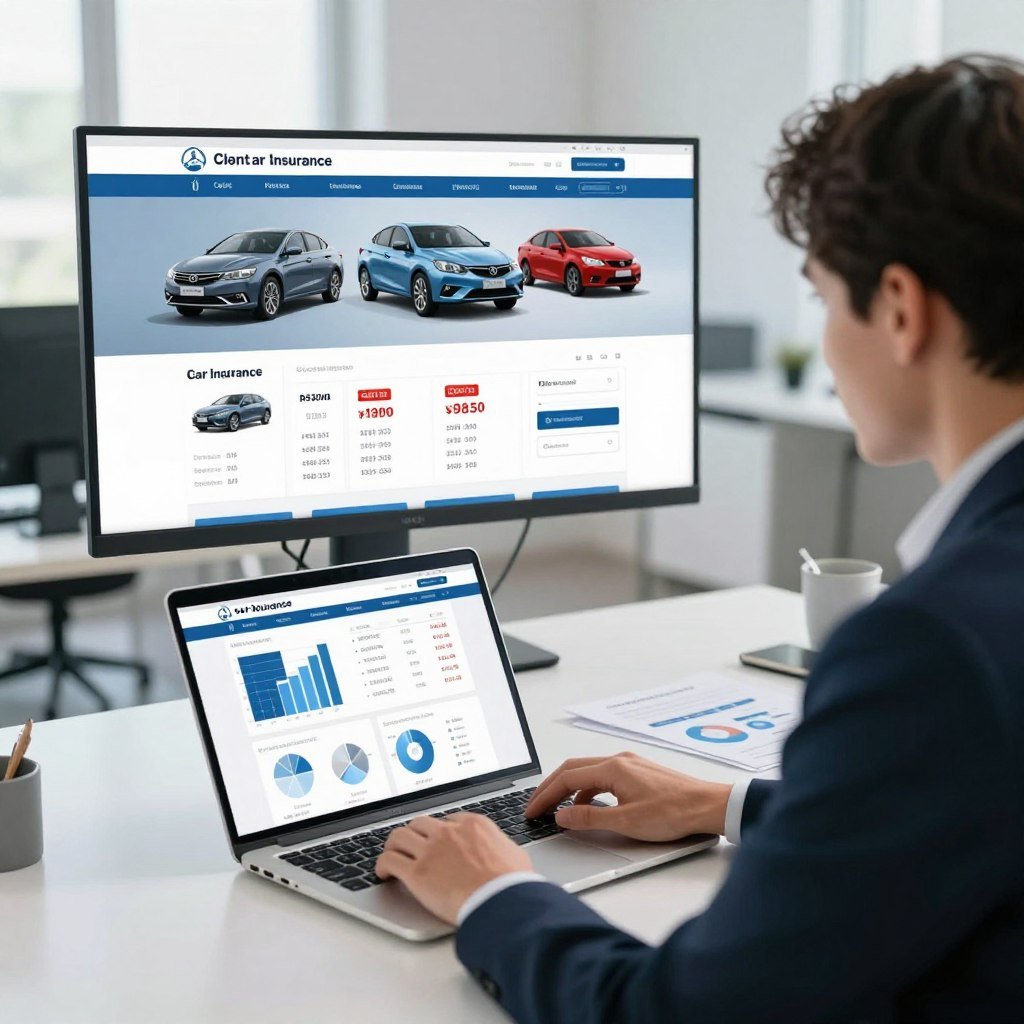 A digital representation of a car insurance comparison scene. In the foreground, a professional-looking person, dressed in business attire, is sitting at a desk with a laptop open, displaying an insurance comparison website. On the desk, there are charts and graphs illustrating insurance prices. The middle ground features a large wall-mounted screen showing various car models with price tags and insurance options. In the background, a bright, modern office space with large windows allowing soft natural light to fill the room. The mood is focused and analytical, capturing the essence of financial planning and decision-making. Use a slightly overhead angle to provide depth and clarity, with a balanced composition that emphasizes the importance of smart choices in car insurance.