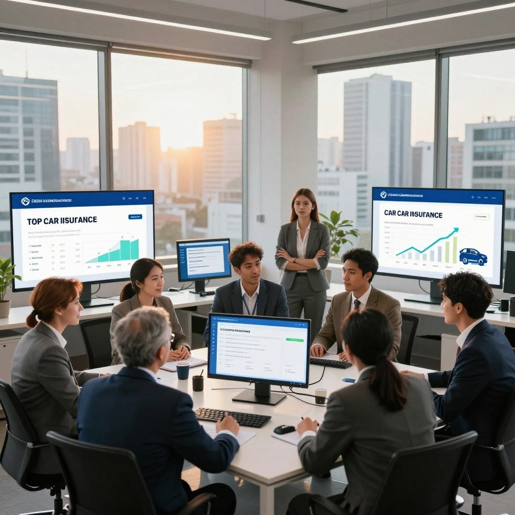 A dynamic and modern office setting showcasing the top car insurance companies in Brazil. In the foreground, a diverse group of professionals in business attire is engaged in a discussion, surrounded by interactive digital displays showing car insurance comparisons, logos, and graphs. The middle ground features sleek desks with devices showing insurance details, while large windows in the background reveal a sunny city skyline, suggesting reliability and urban efficiency. Soft, natural lighting filters in, creating a warm atmosphere that conveys trust and professionalism. The overall mood is optimistic and focused, emphasizing the importance of finding the best car insurance options. Use a wide-angle lens to capture the entire environment vividly.
