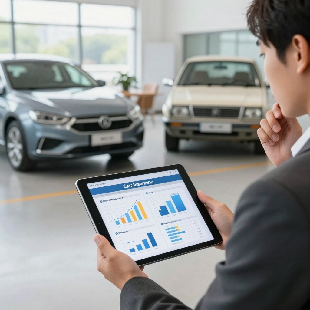 A dynamic and visually engaging comparison scene depicting various car insurance options. In the foreground, a professional individual in business attire holds a tablet displaying charts and information regarding insurance plans, with a thoughtful expression. In the middle ground, two contrasting cars, one modern and sleek and the other older and more rugged, represent different insurance coverage types. In the background, a bright, comfortable office environment with large windows letting in natural light creates an uplifting atmosphere. The composition should have a slight depth of field focus on the tablet screen, while the cars and the office blend harmoniously into a vivid representation of the subject. The overall mood is informative and encouraging, ideal for guiding consumers to make informed decisions about their car insurance.