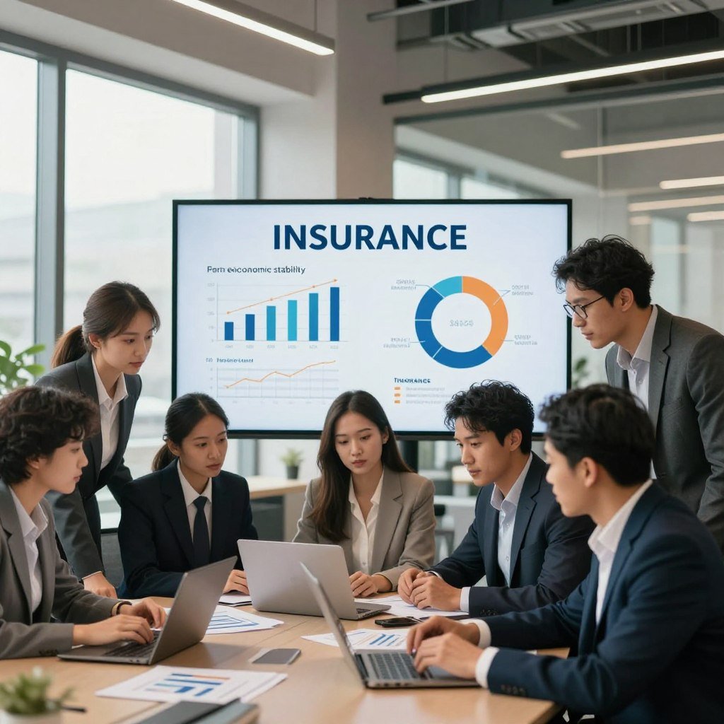 A dynamic office scene illustrating the importance of insurance companies in the economy. In the foreground, a diverse group of professionals in business attire—men and women of various ethnicities—collaborate over charts and laptops, their expressions focused and engaged. In the middle, a large digital display showcases key statistics about economic stability and risk management, emphasizing the role of insurance. The background contains sleek, modern office architecture with large windows letting in soft natural light, creating an inviting atmosphere. The image is well-lit with a slightly warm tone, invoking a sense of professionalism and optimism. The composition should have a balanced perspective, capturing the proactive and essential nature of insurance within the broader economic landscape.