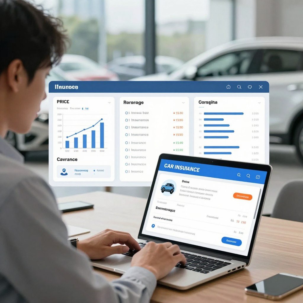 A dynamic online comparison scene depicting various car insurance options. In the foreground, a professional-looking person in business attire is analyzing car insurance quotes on a laptop, with a focused expression. The middle layer features a well-organized digital interface showcasing different insurance plans, including icons and graphs illustrating pricing, coverage, and benefits. The background includes blurred images of cars parked and an urban landscape, suggesting an ever-evolving online environment. Soft, natural lighting enhances the scene, highlighting the individual and the laptop screen. The atmosphere is one of clarity and efficiency, emphasizing a seamless and stress-free process in choosing the ideal insurance provider.