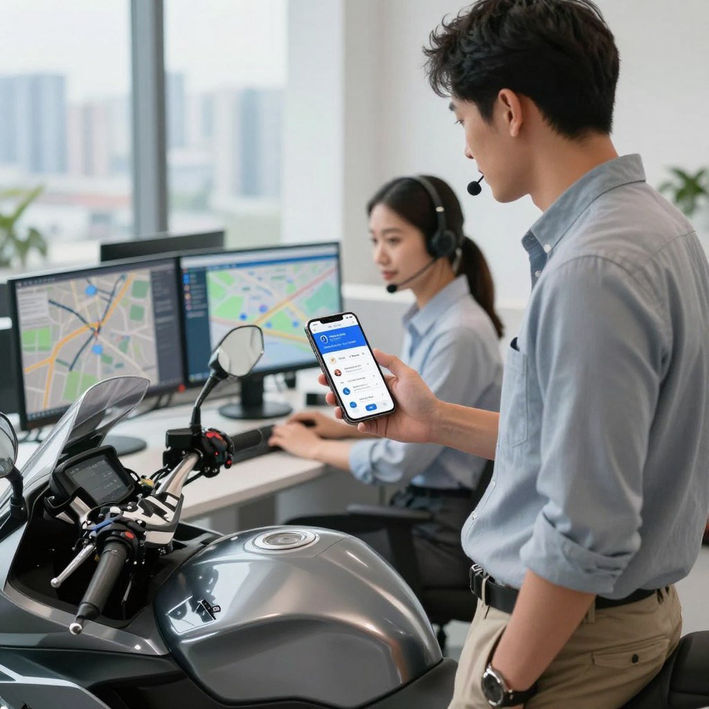 A dynamic scene illustrating a motorcycle insurance assistance app in action. In the foreground, a professional individual wearing casual business attire stands beside a sleek motorcycle, looking at a smartphone with a user-friendly app interface showing 24-hour assistance features. The middle ground features a friendly customer service representative wearing a headset, ready to assist, with an office setting full of monitors displaying maps and live traffic updates. The background showcases a bright city skyline, symbolizing urban mobility. Soft, inviting lighting conveys a sense of trust and reliability. The angle emphasizes the connectivity of modern technology and road safety, creating an atmosphere of reassurance for riders.