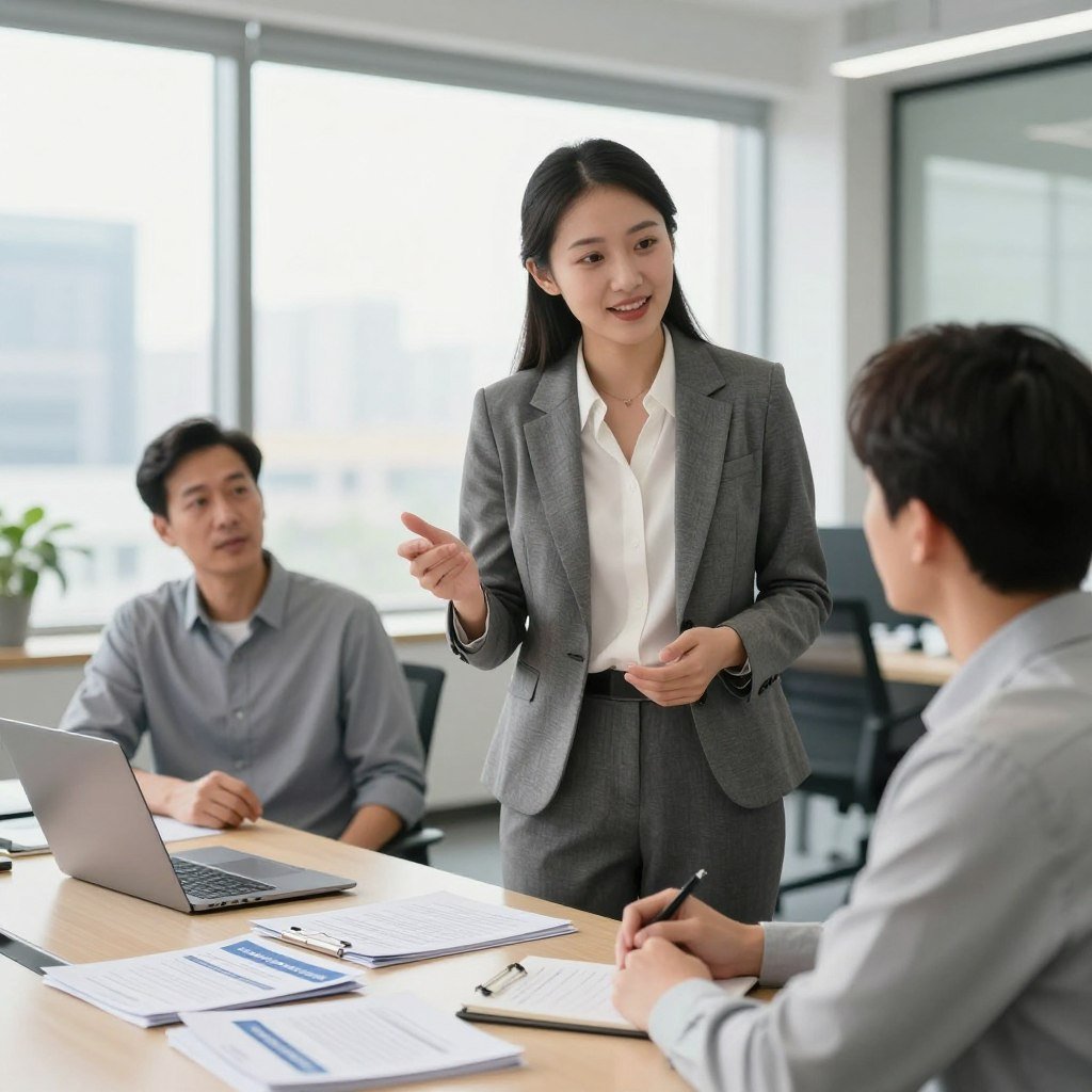 A female insurance broker in a modern office environment, confidently discussing insurance options with a client. She is in her early 30s, wearing professional business attire: a tailored blazer, a crisp blouse, and smart trousers. The foreground shows a desk cluttered with insurance brochures, a laptop, and a notepad with notes from their discussion. In the middle ground, the client, a middle-aged man, listens attentively, dressed in business casual. The background features large windows allowing natural light to flood the space, with cityscape views. The lighting is bright and warm, creating an inviting atmosphere. The overall mood is professional and approachable, emphasizing the role of the insurance broker in guiding clients through their options.