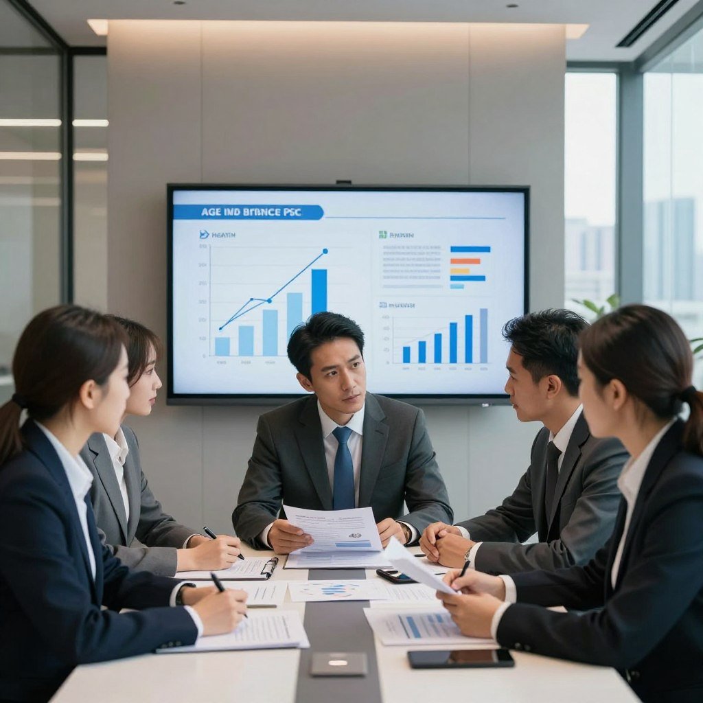A focused composition of a professional business meeting room, symbolizing various factors influencing insurance prices. In the foreground, showcase a diverse group of three business professionals (two men and one woman) in smart business attire, analyzing charts and documents on a sleek table, depicting data points like age, health, location, and vehicle type. In the middle ground, include a large screen displaying graphical representations of these factors, with clear diagrams and statistics. The background features modern office décor with neutral colors, soft ambient lighting, and a view of a cityscape through large windows, creating an atmosphere of seriousness and professionalism. The overall mood should reflect a sense of analysis and insight, inviting viewers to explore the complexities of insurance pricing.