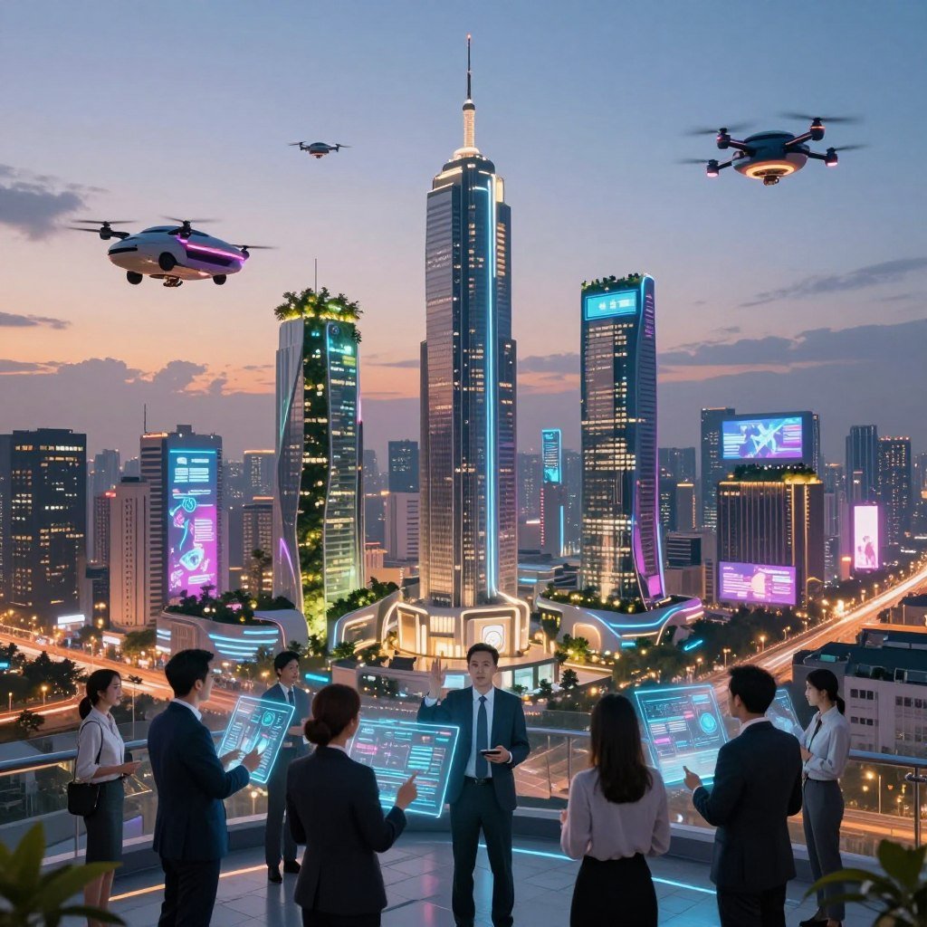 A futuristic city skyline at dusk, illuminated by vibrant neon lights, showcasing advanced technologies like flying vehicles and smart architecture. In the foreground, a diverse group of professionals in business attire engages with holographic interfaces, expressing excitement and collaboration. The middle layer features sleek, high-tech buildings with greenery integrated into their designs, symbolizing sustainable living. The background is a dynamic sky with floating drones and digital billboards displaying innovative concepts. Soft, ambient lighting casts a warm glow, creating an inspiring atmosphere filled with hope and anticipation for the future of technology. Capture the scene from a slightly elevated angle to enhance the depth and provide a panoramic view of this advanced environment.