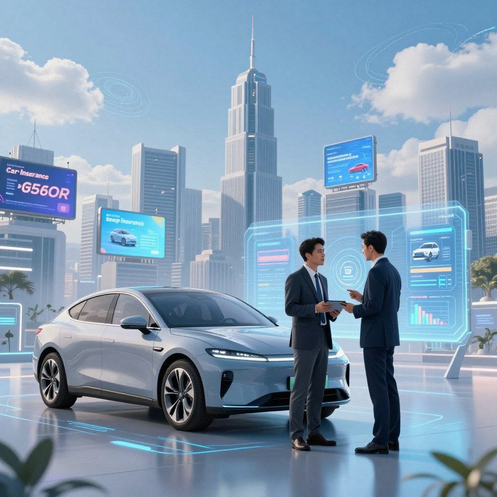 A futuristic digital landscape illustrating online car insurance innovations. In the foreground, a sleek, modern car is parked beside a digital interface displaying various insurance options, graphs, and algorithms. Two professionals in business attire discuss animatedly, evaluating the digital tools on a tablet, conveying collaboration and expertise. The middle ground features a stylized city skyline with skyscrapers adorned with digital billboards showcasing car insurance trends. The background includes blue skies with digital cloud motifs, symbolizing technology and connectivity. Soft, bright lighting enhances the atmosphere with a sense of hope and progress. A dynamic angle captures the bustling energy of the scene, emphasizing the integration of technology in the car insurance industry.