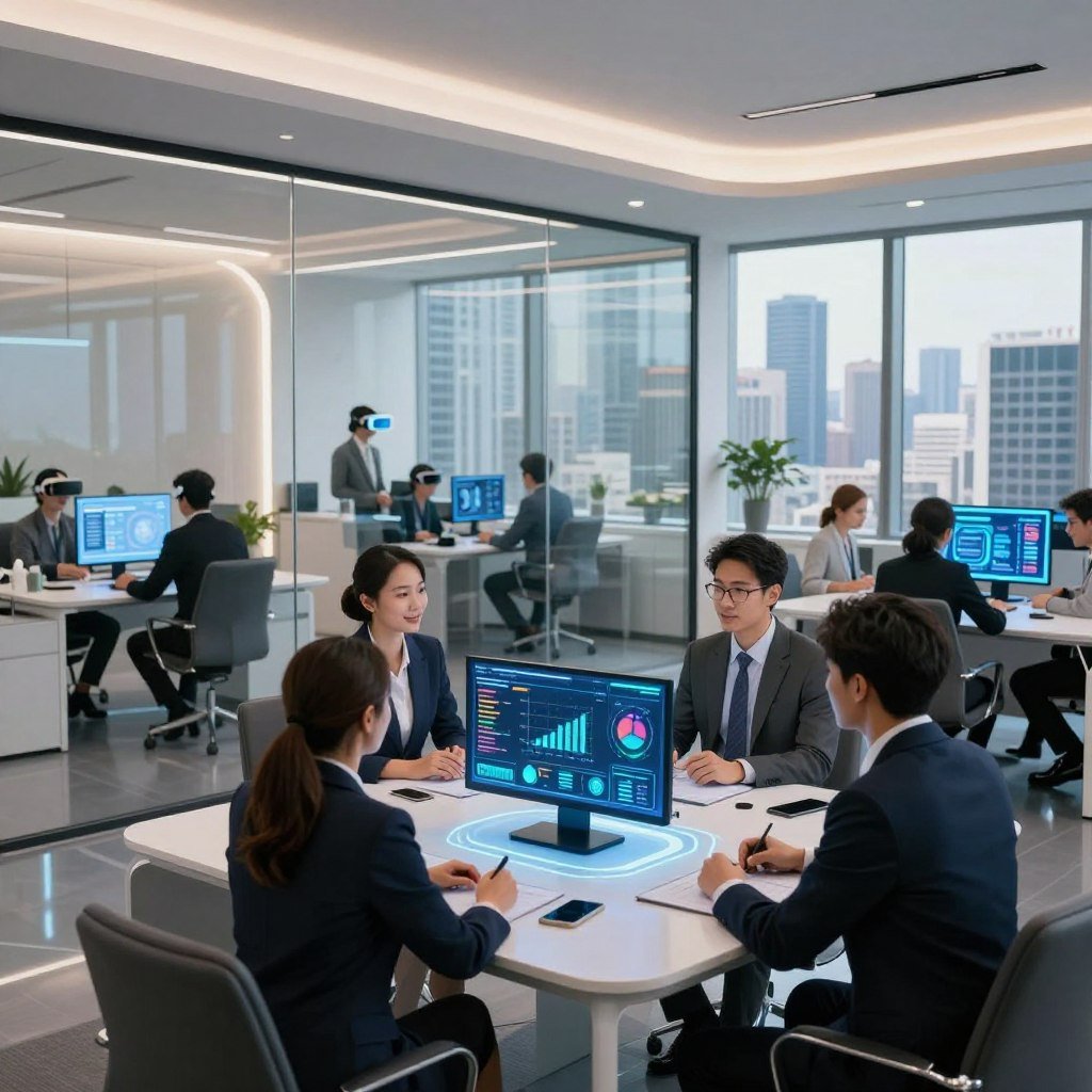 A futuristic insurance company office interior, showcasing advanced technology and innovation. In the foreground, a diverse group of professionals in business attire—two women and one man—are engaged in a collaborative discussion around a sleek, modern table, with digital interactive screens displaying data analytics and insurance trends. In the middle ground, glass walls reveal employees using virtual reality headsets and artificial intelligence tools, emphasizing the integration of tech in the insurance industry. The background features a large window with a skyline view of a bustling city, symbolizing growth and opportunity. Soft, ambient lighting creates a welcoming atmosphere, while a modern design aesthetic, with clean lines and a blend of neutral and vibrant colors, enhances the future-oriented theme. The overall mood conveys optimism and professionalism.
