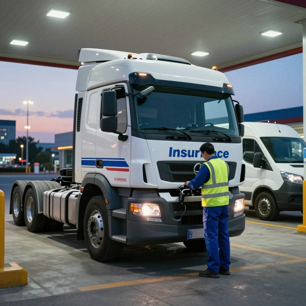A heavy-duty truck parked in a well-lit service area, surrounded by a professional mechanic providing 24-hour roadside assistance. The mechanic, wearing a blue uniform and a safety vest, is inspecting the truck's engine while a second vehicle, a service van, is visible in the background. Soft ambient lighting illuminates the scene, emphasizing the cooperative atmosphere. The background features a cityscape at dusk, with glowing streetlights and a faint sunset on the horizon, creating a sense of urgency yet reassurance. The overall mood is one of reliability and professionalism, capturing the essence of truck insurance service and assistance.