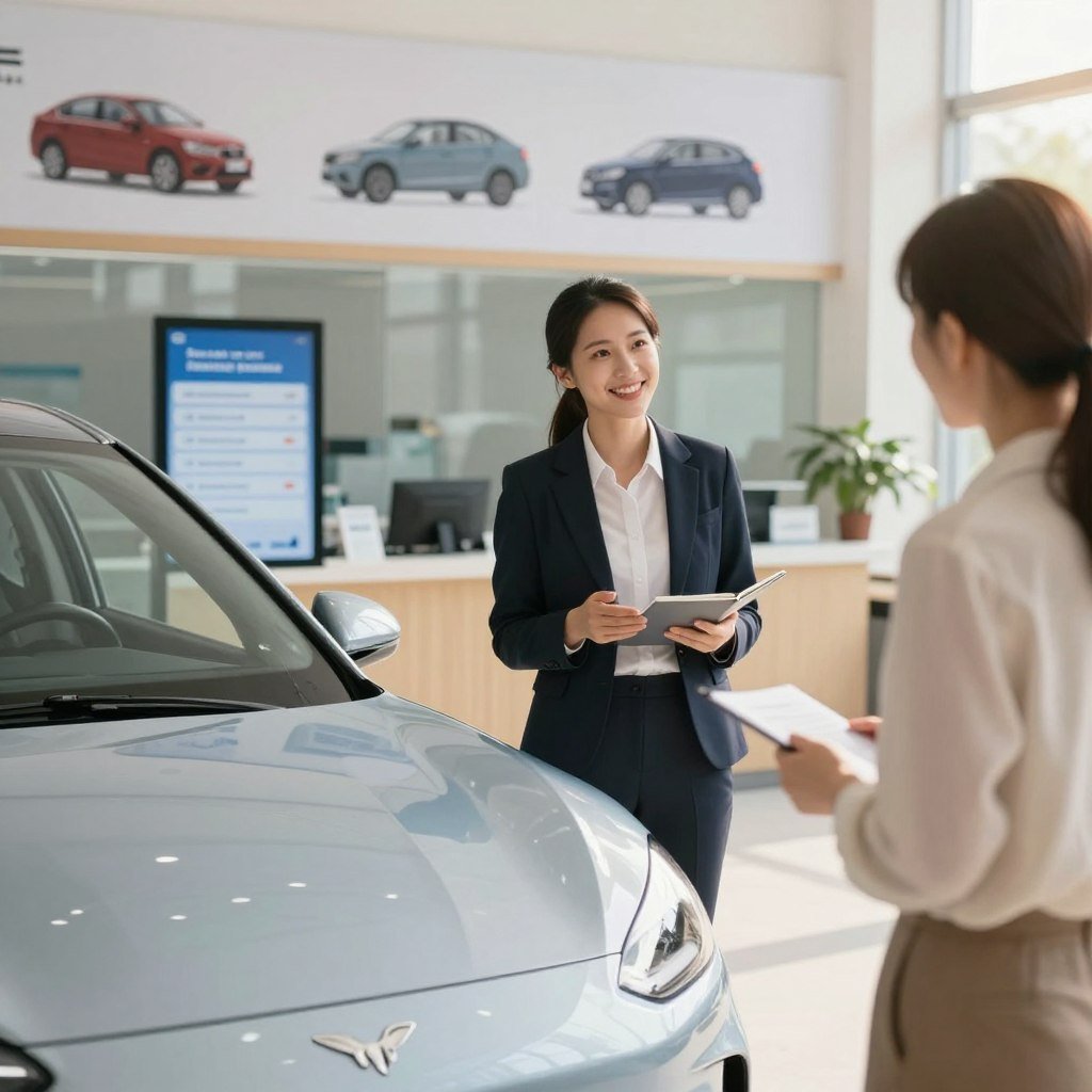A low-cost insurance policy concept centered around an economical car. In the foreground, showcase a stylish, affordable vehicle parked beside a modern insurance office, with digital displays highlighting various insurance options. In the middle ground, depict a friendly insurance agent in professional attire, discussing with a prospective customer, suggesting a sense of trust and professionalism. In the background, illustrations of different vehicle types hover in the air, representing a variety of insurance coverage. Soft, natural lighting illuminates the scene, creating a warm and inviting atmosphere, with a slight lens blur in the distance to emphasize the foreground action. The angle should be slightly elevated, providing a clear view of both the vehicle and the interaction, enhancing the feeling of accessibility and reassurance.