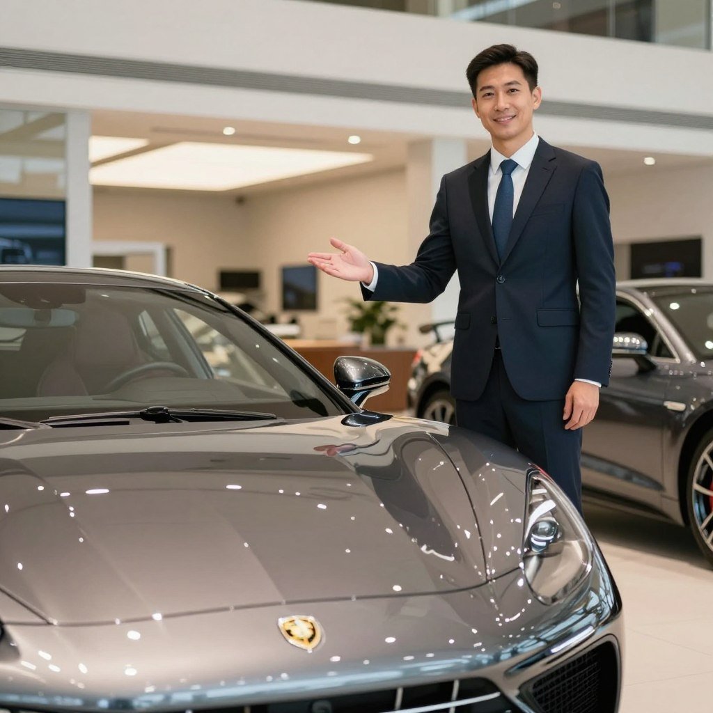 A luxurious sports car, gleaming and stylish, parked in front of an upscale dealership. The car features sleek lines and an elegant design, showcasing its high-end craftsmanship. In the foreground, there are reflective surfaces revealing the polished exterior. In the middle ground, a professional insurance agent stands in a tailored business suit, gesturing towards the car with a confident smile, embodying trust and expertise. The background features a modern car showroom with bright, sophisticated lighting that accentuates the luxury ambiance. Soft-focus on the showroom's glass walls adds depth to the scene, creating a warm atmosphere that conveys safety and protection. The perspective is low, emphasizing the car’s grandeur and elegance, inviting viewers into the realm of luxury automobile insurance.