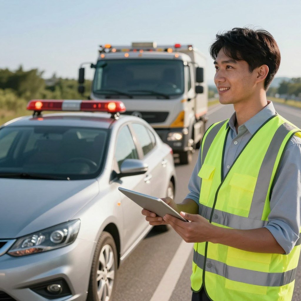 A modern 24-hour roadside assistance service scene featuring a friendly, professional-looking service agent wearing a bright safety vest and holding a tablet, set in the foreground. In the middle ground, a sleek, well-maintained automobile is parked with an emergency hazard light flashing, signaling the need for assistance. In the background, a tow truck is visible, with its lights illuminated, parked ready to assist under a clear blue sky, showcasing a bright and reassuring atmosphere. The lighting is warm and inviting, creating a sense of safety and reliability. Capture the scene from a slightly elevated angle to provide a comprehensive view of the assistance in action, emphasizing the prompt response to auto emergencies.